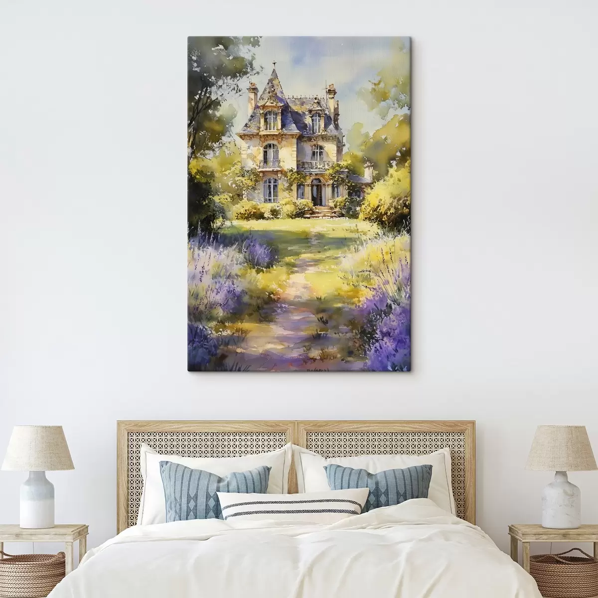 Paveikslėlis Prancūzijos kaimo namelis, akvarelės stilius, levandų laukai s44501