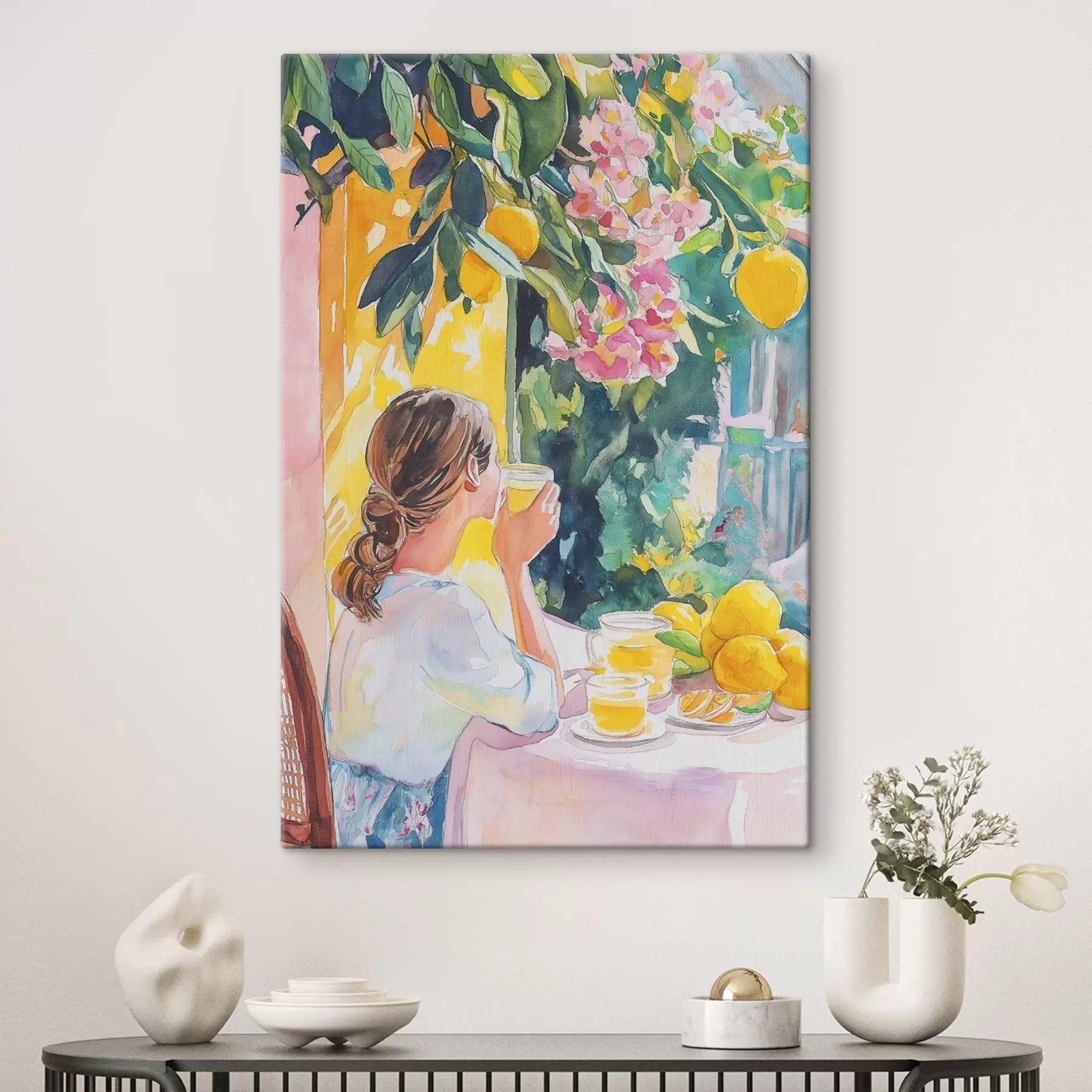 Fototapetai Vasaros nuotaikos, mergina kavinėje, limoncello, Italija, akvarelės stilius s44505