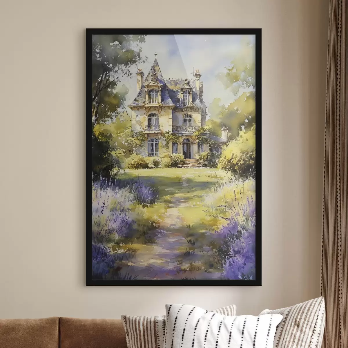Plakatas Prancūzijos kaimo namelis, akvarelės stilius, levandų laukai f44501
