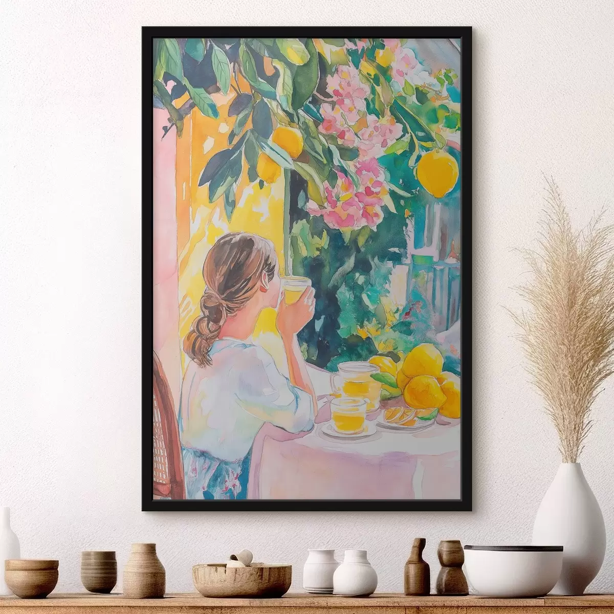 Plakatas Vasaros nuotaikos, mergina kavinėje, limoncello, Italija, akvarelės stilius f44505