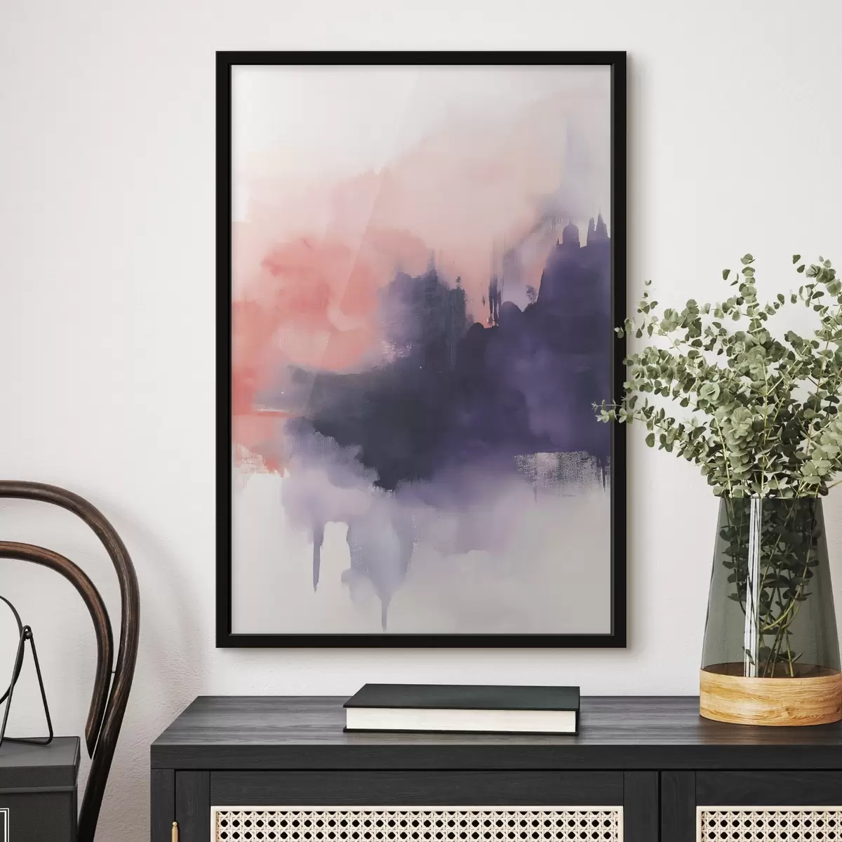 Plakatas Akrilo stiliaus abstrakcija, teptuko potėpiai, violetinė ir rožinė spalvos f44507