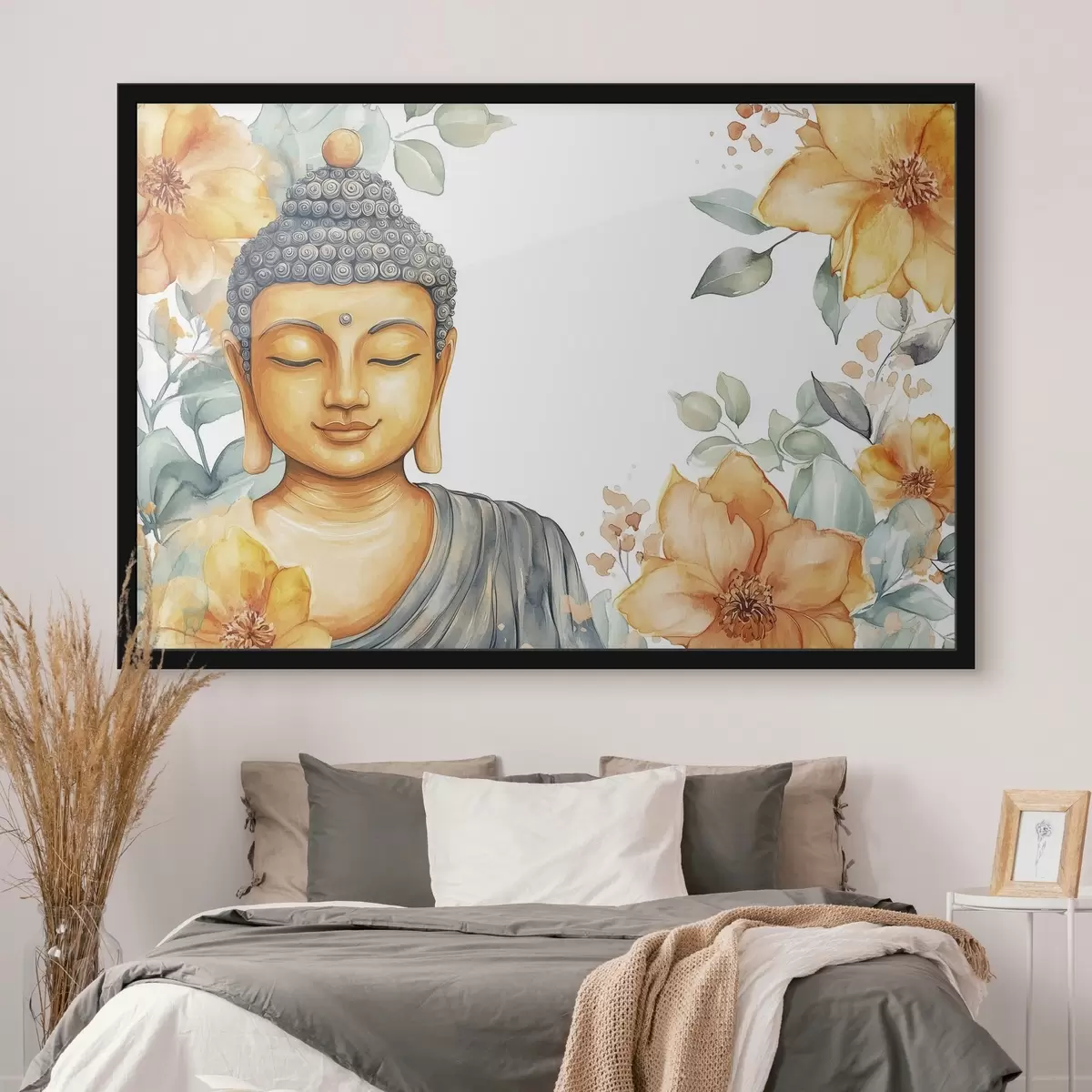 Plakatas Buda oranžinių gėlių apsuptyje, akvarelės stilius f44508