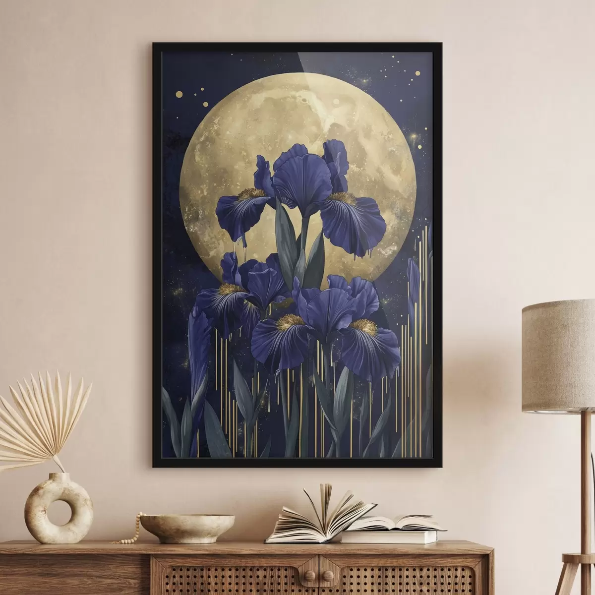 Plakatas Irisų gėlės, šviečiantis mėnulis, naktinis dangus, mėlynos spalvos f44510