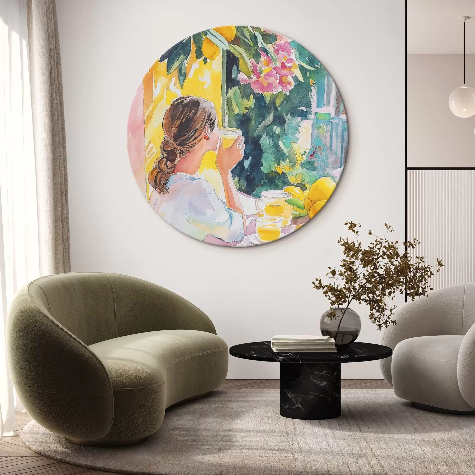 Paveikslėlis Vasaros nuotaikos, mergina kavinėje, limoncello, Italija, akvarelės stilius r44505