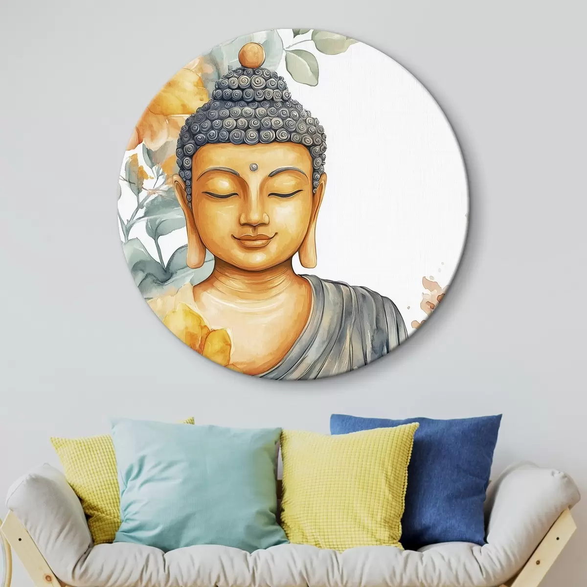 Apvalūs paveikslai Buda oranžinių gėlių apsuptyje, akvarelės stilius r44508