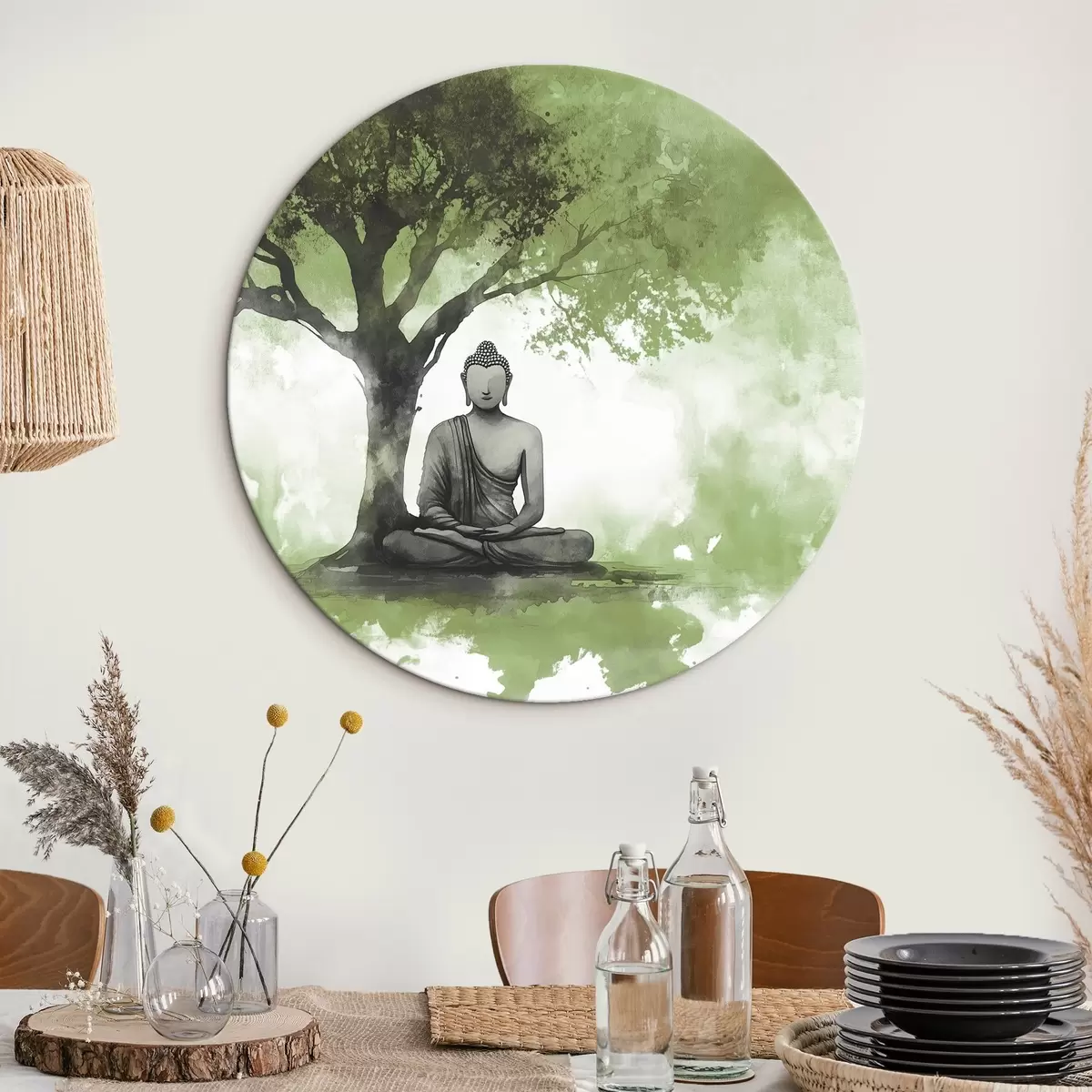 Apvalūs paveikslai Buda sėdi po medžiu, meditacija, dvasinis, žalios spalvos r44512v1