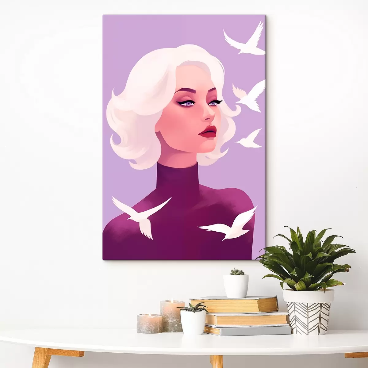 Paveikslėlis Moters portretas baltais plaukais paukščių fone s44681