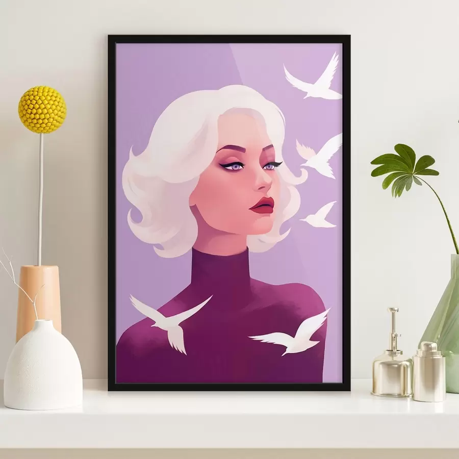 Fototapetai Moters portretas baltais plaukais paukščių fone f44681