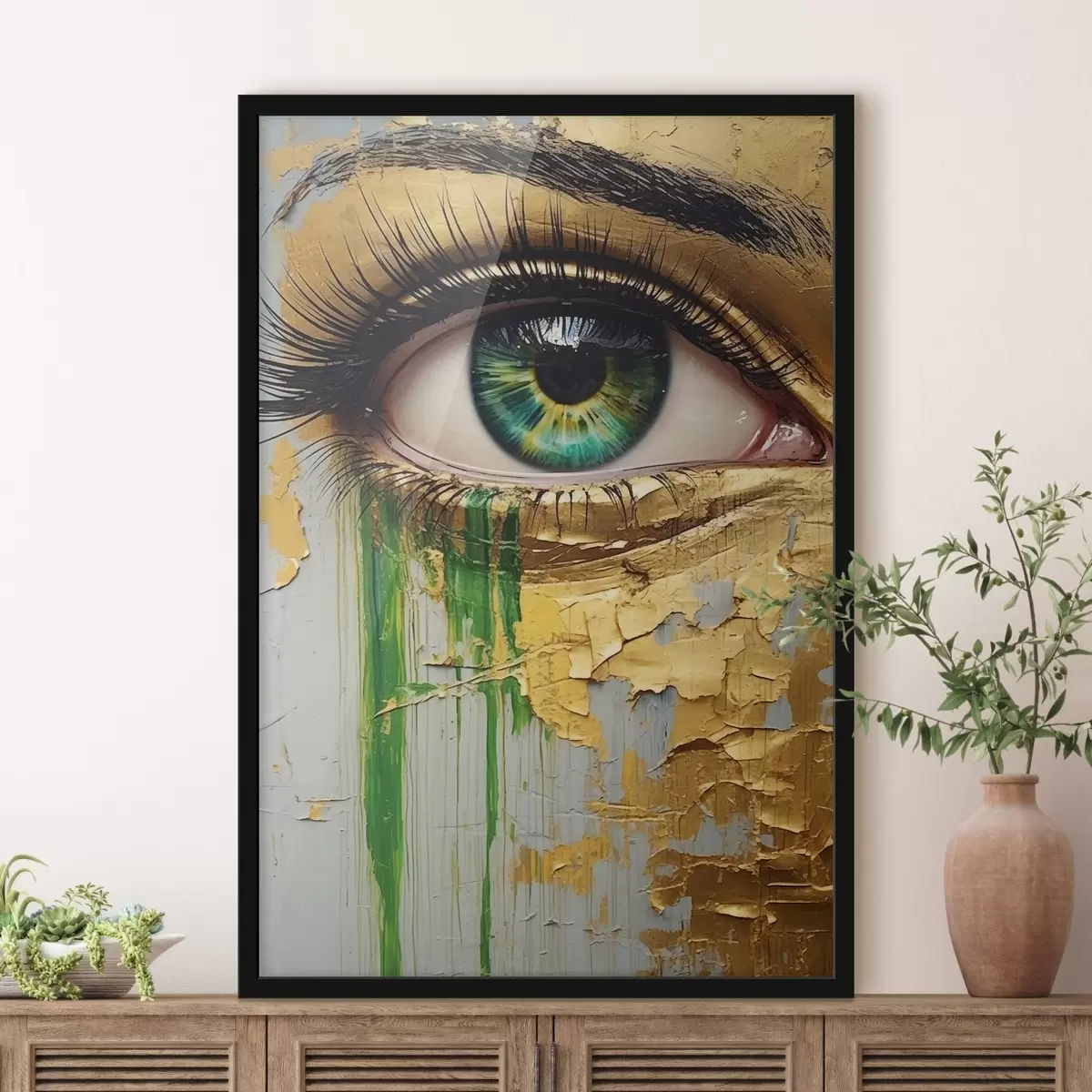 Plakatas Žalia akis įtrūkusių dažų fone f44690