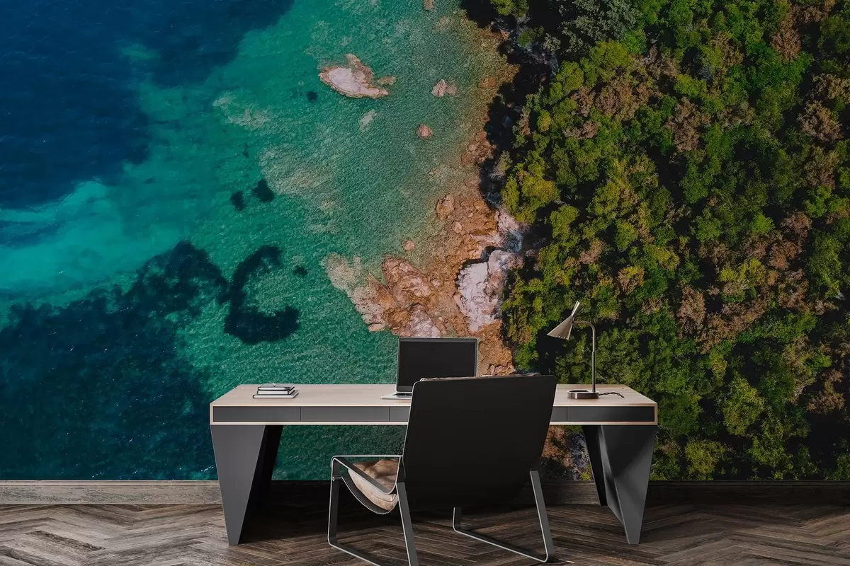 Fototapetai Ispanijos jūros pakrantė su akvatorijos vandeniu, pušynas, oro fotografija w04099