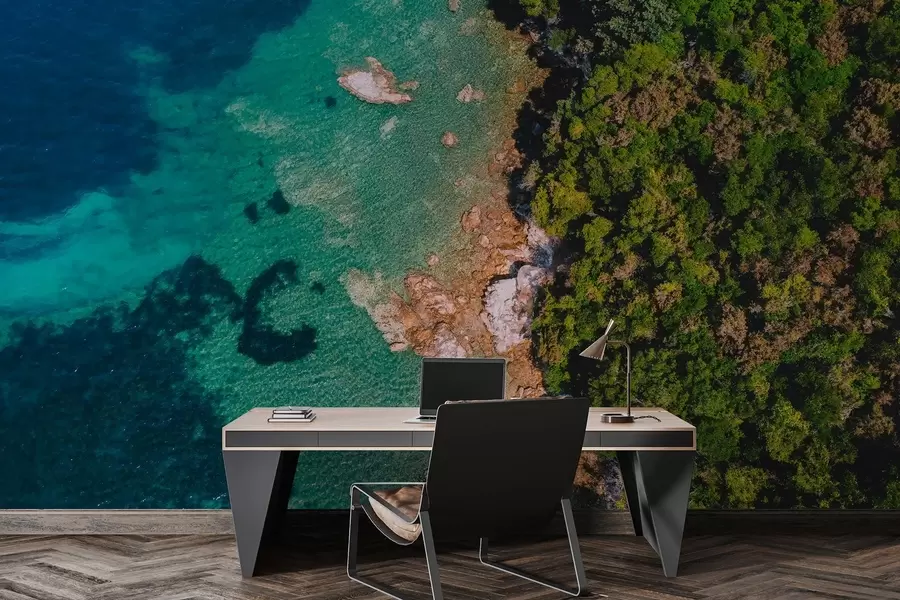 Fototapetai Ispanijos jūros pakrantė su akvatorijos vandeniu, pušynas, oro fotografija w04099