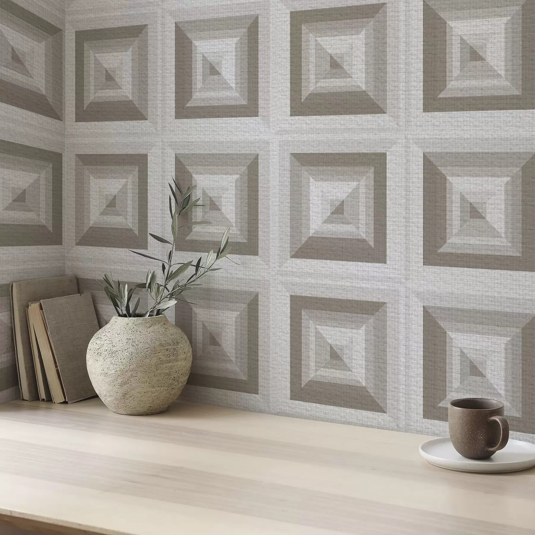 Fototapetai Geometrinis trimatis pilkos ir smėlio spalvos raštas a00187
