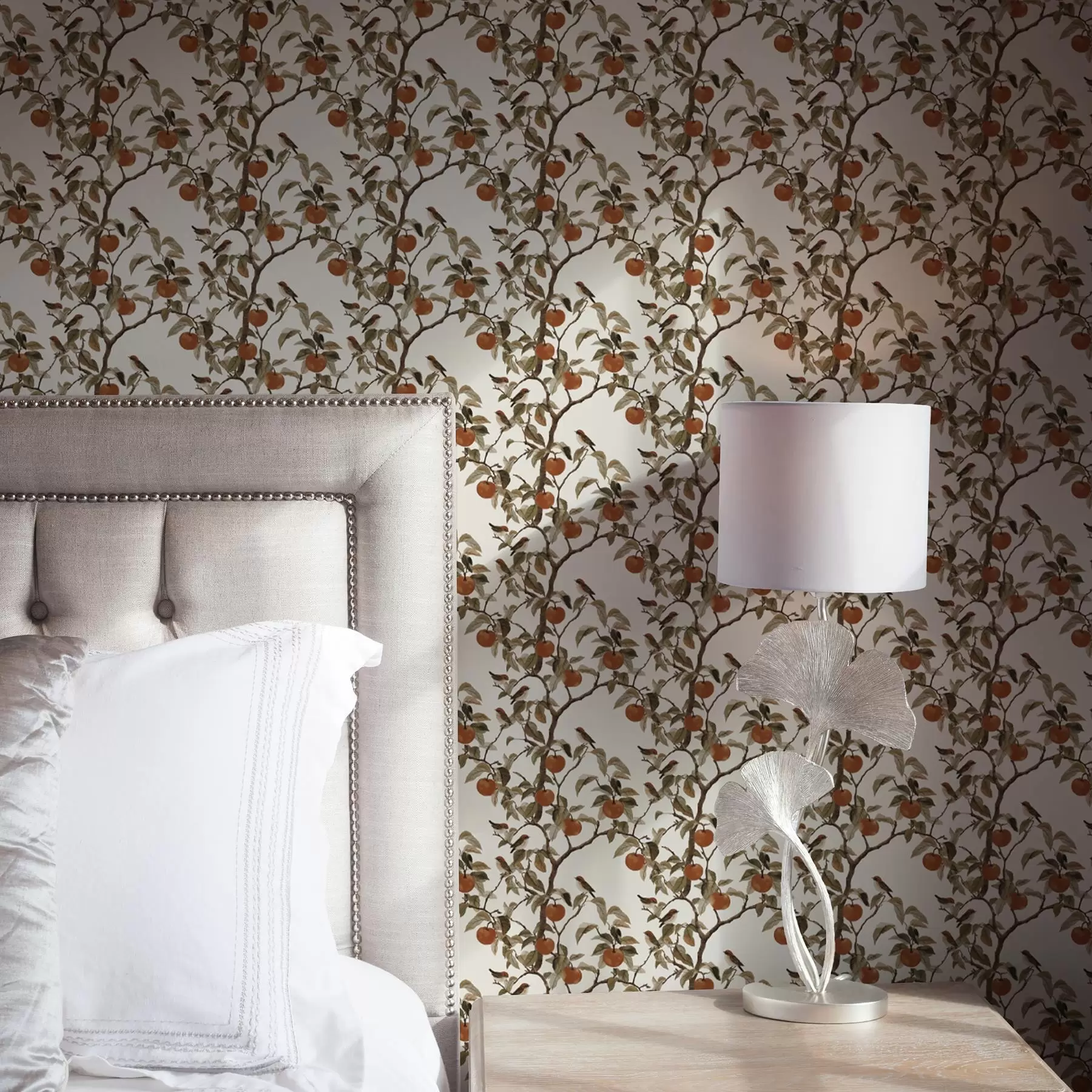 Fototapetai Paukščiai ir apelsinai ant šakų, senovinė botanika a00208