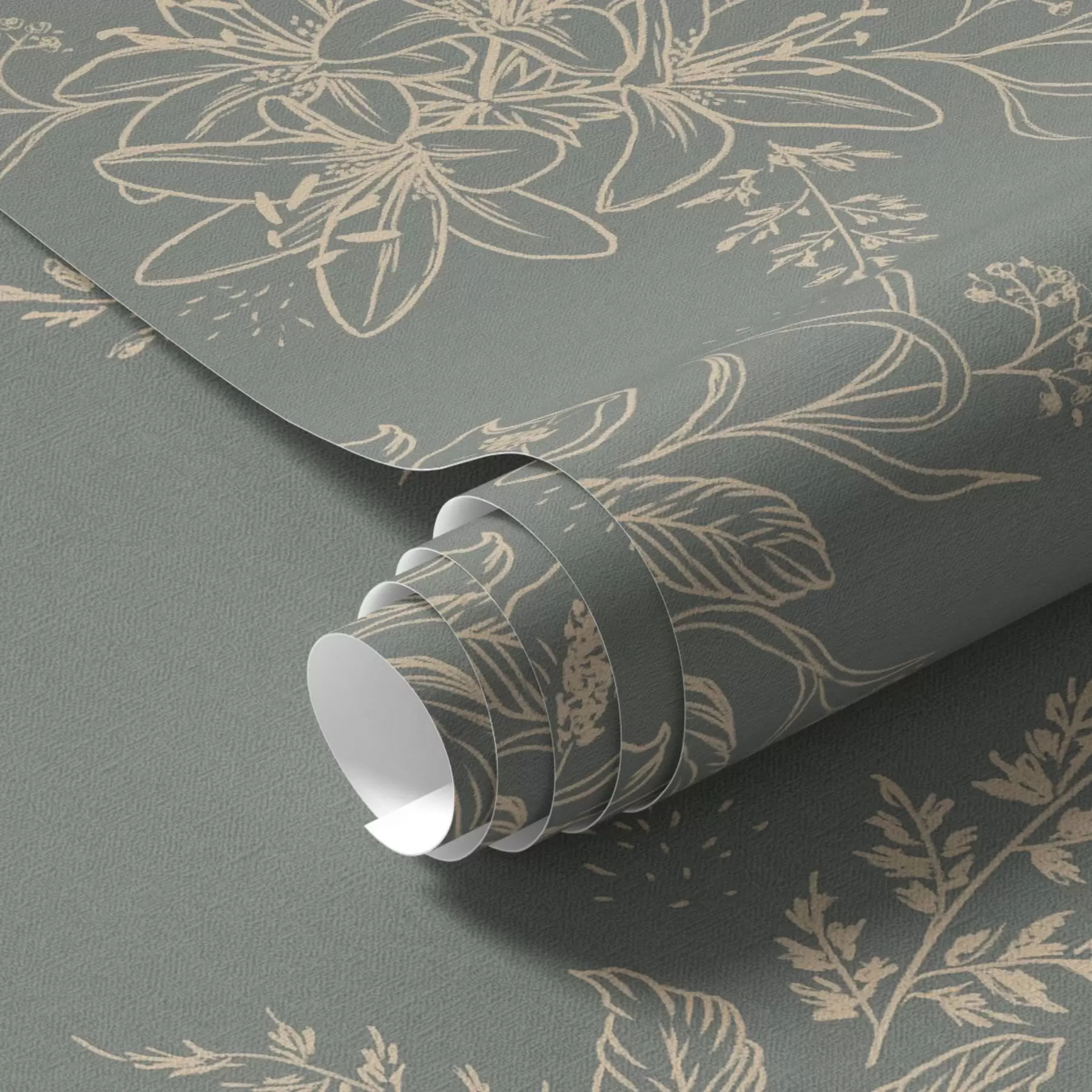 Fototapetai Kontūrinės gėlės mėlynai pilkame fone, elegantiškas botaninis modelis a00226
