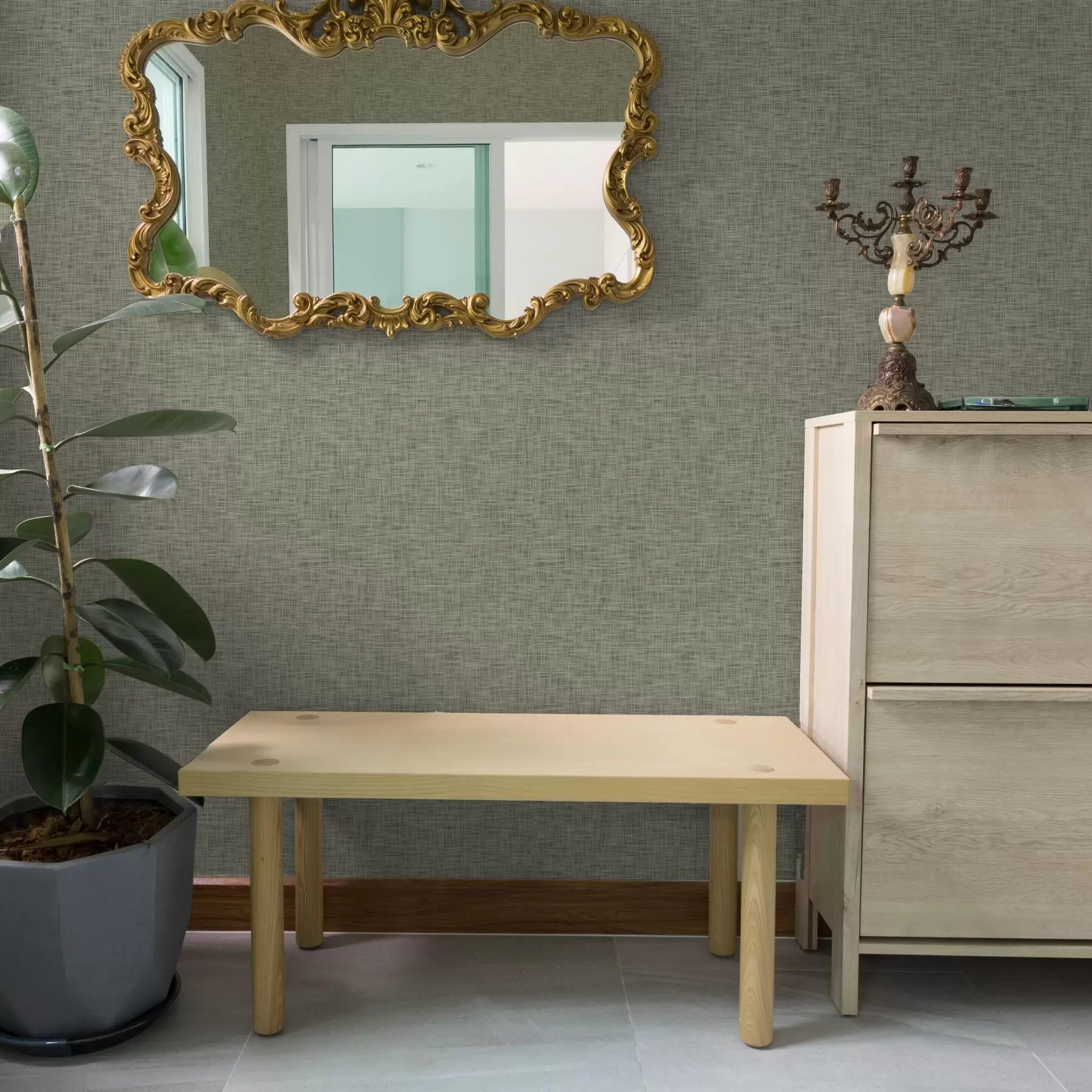 Fototapetai Pilkai žalios spalvos audinio tekstūra, lino tinklelio raštas a00235