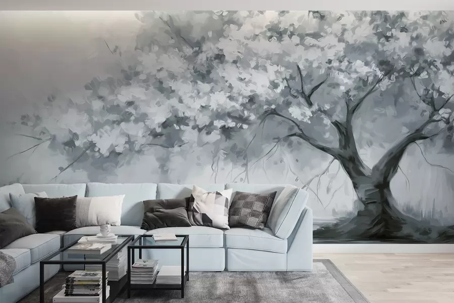 Fototapetai Abstraktus prislopintas mėlynas žydintis medis šalia upės, minkštos tekstūros potėpiai ir pastelinės spalvos w09193v2