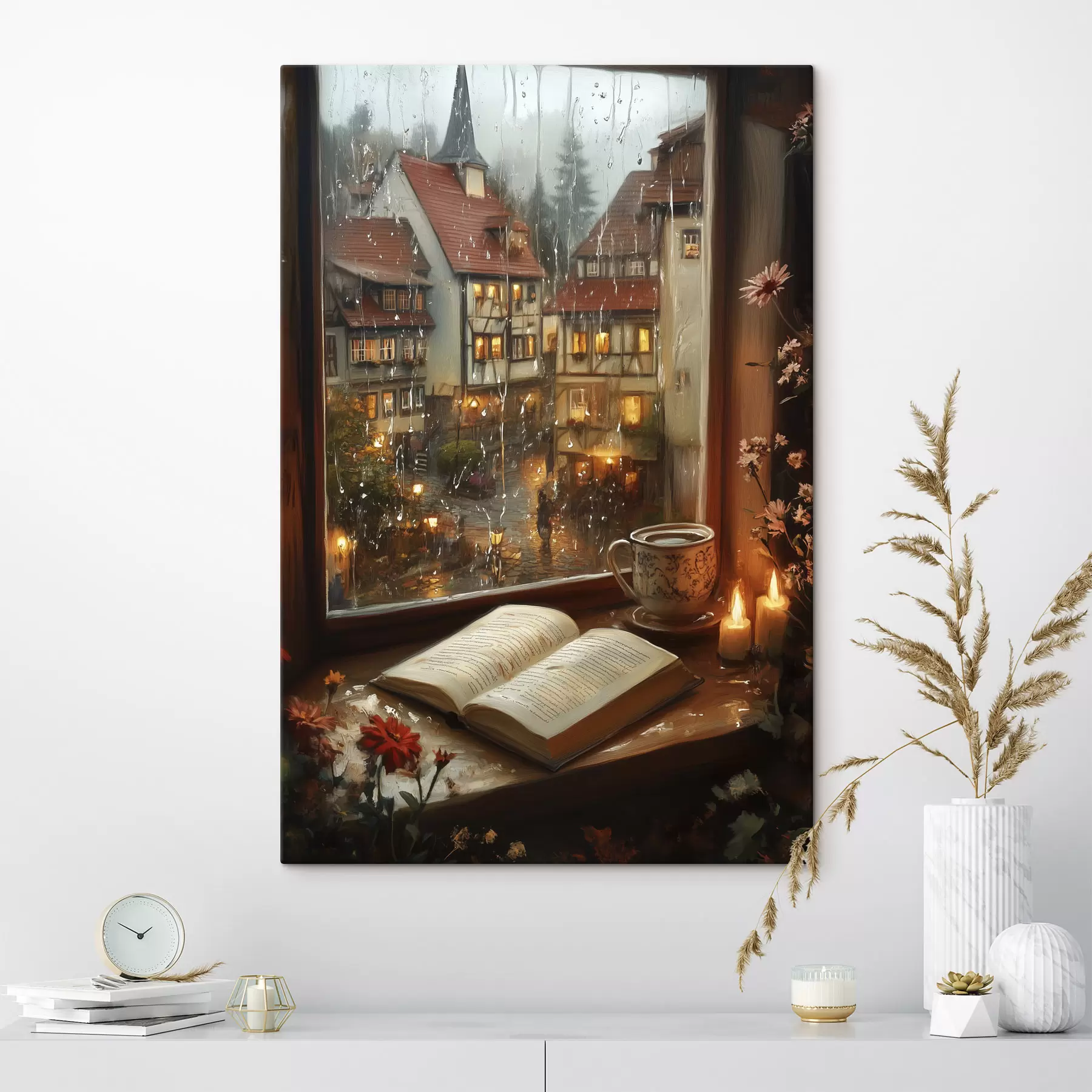 Fototapetai Knyga ant palangės, žvakės, lietinga diena, jauku s44722