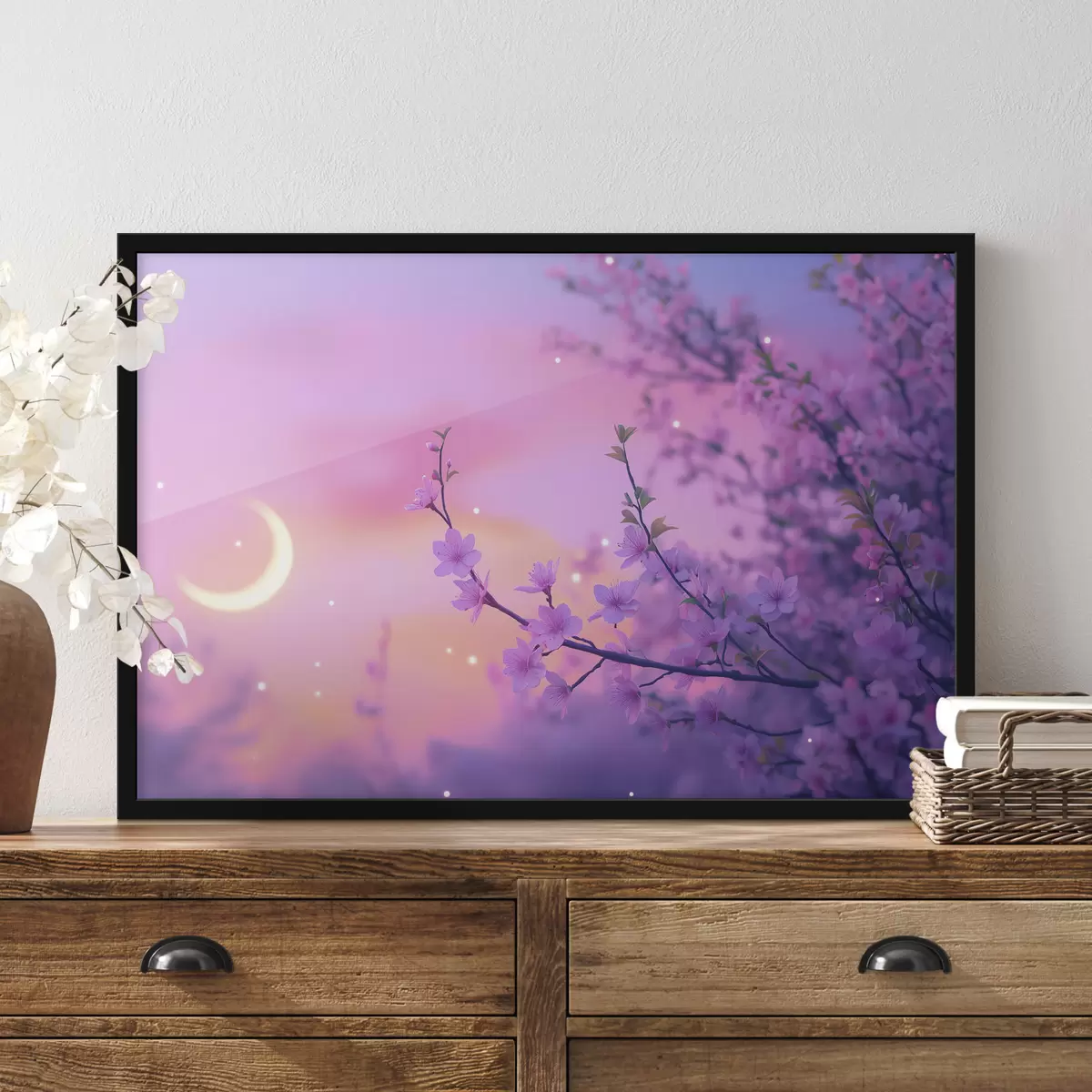 Plakatas Violetinis dangus su mėnuliu ir vyšniomis f44717