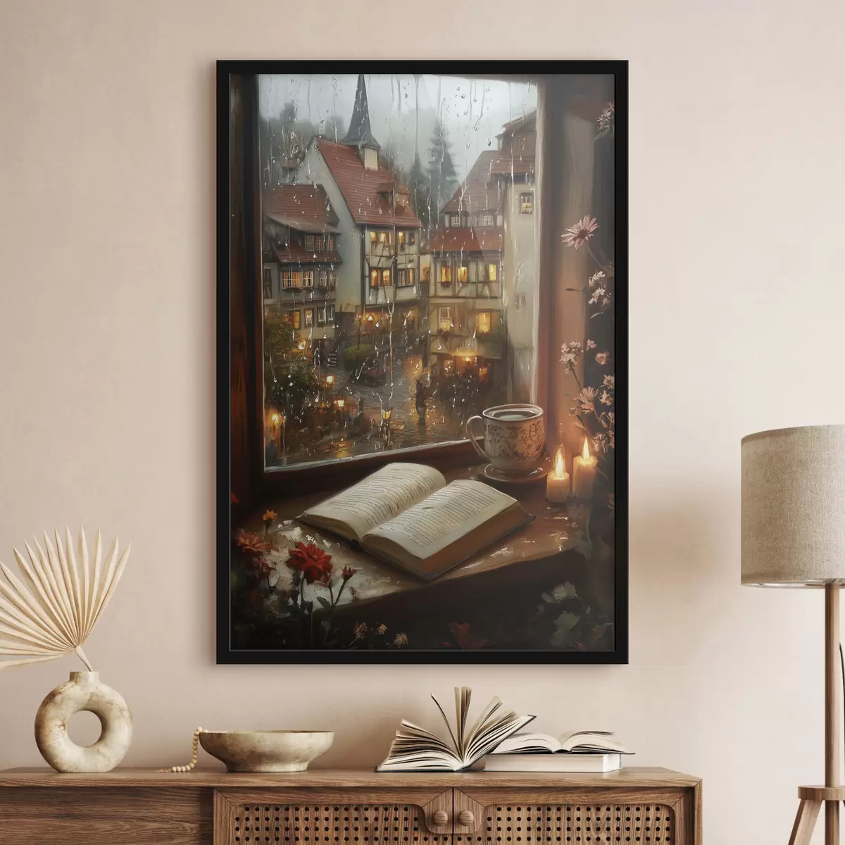 Plakatas Knyga ant palangės, žvakės, lietinga diena, jauku f44722