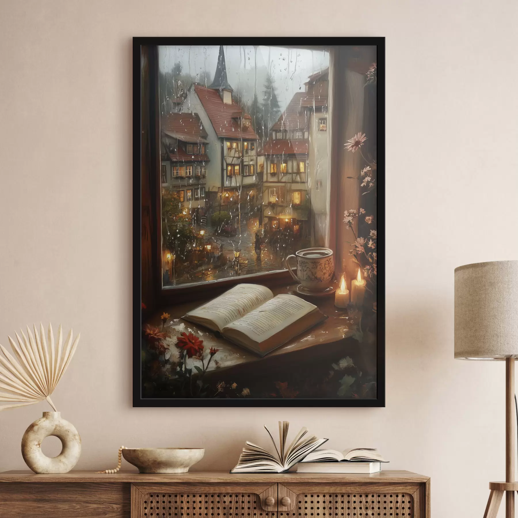 Paveikslėlis Knyga ant palangės, žvakės, lietinga diena, jauku f44722