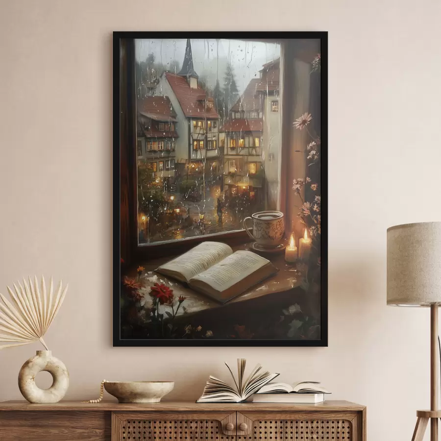 Paveikslėlis Knyga ant palangės, žvakės, lietinga diena, jauku f44722