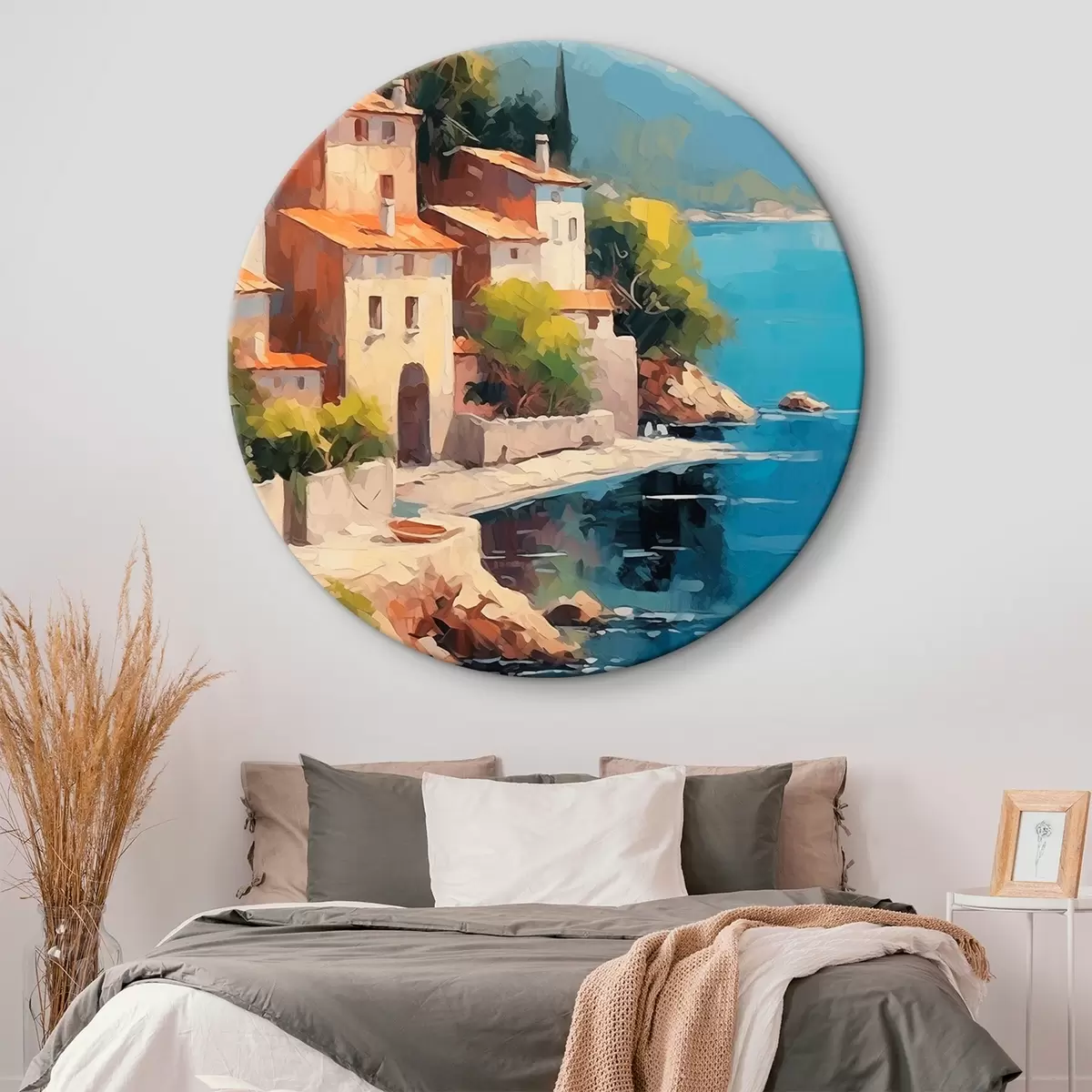 Apvalūs paveikslai Namai prie įlankos Tapybos imitacija r44773
