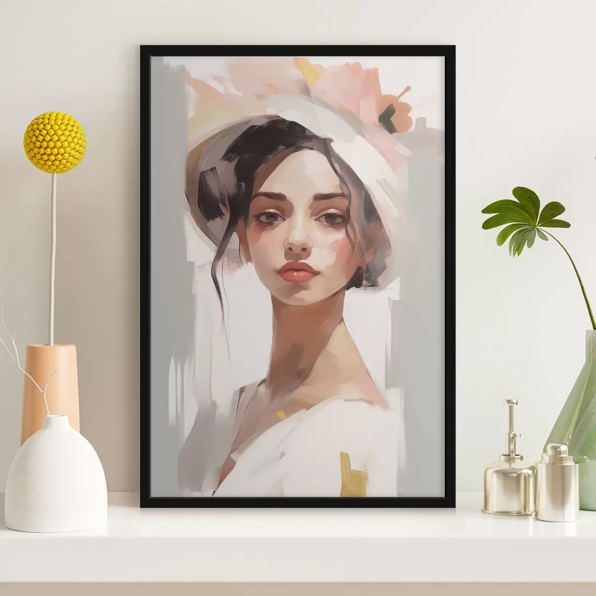 Plakatas Mergina su skrybėle imituoja paveikslą f44778