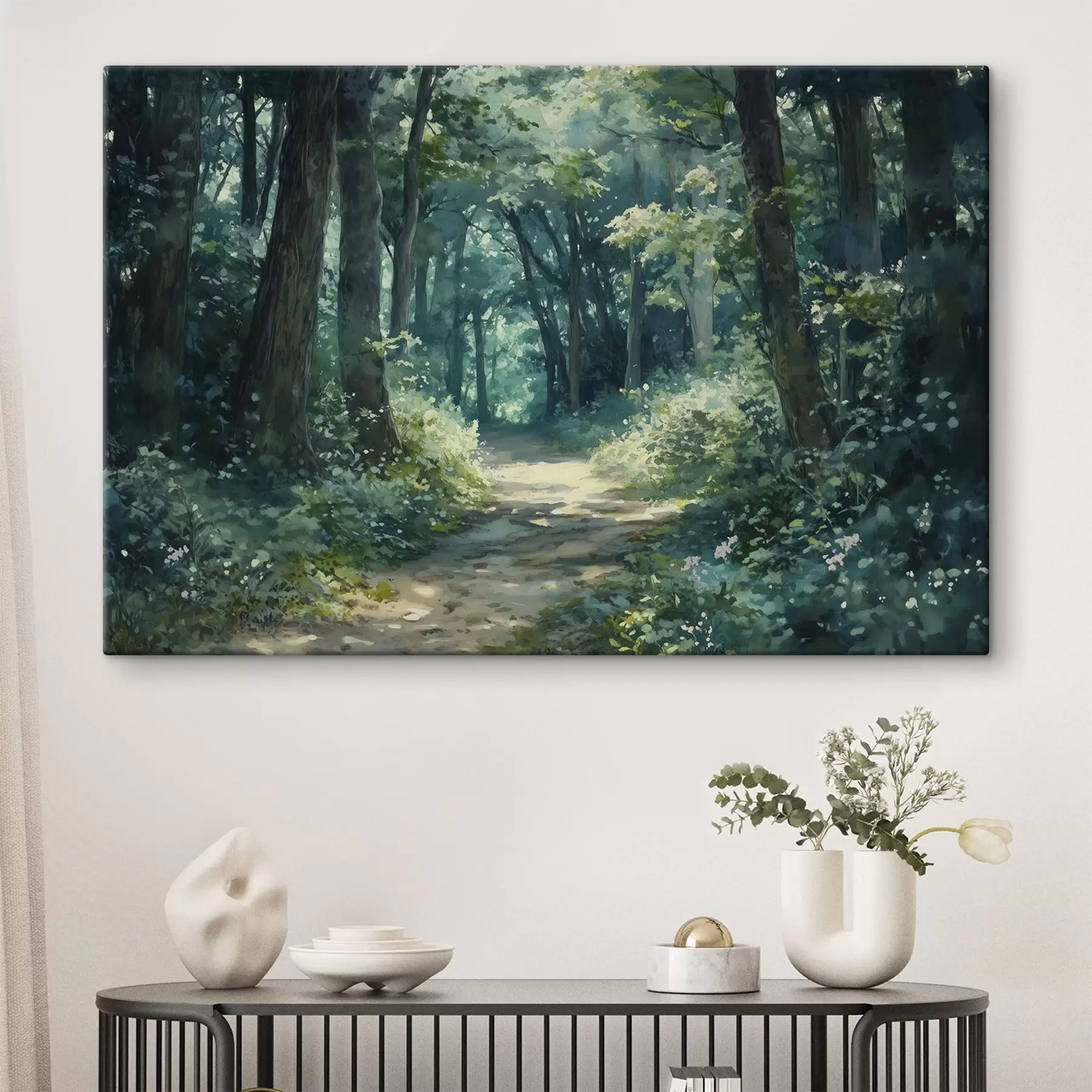 Fototapetai Žalias miškas su medžiais ir saulės šviesa  s44784