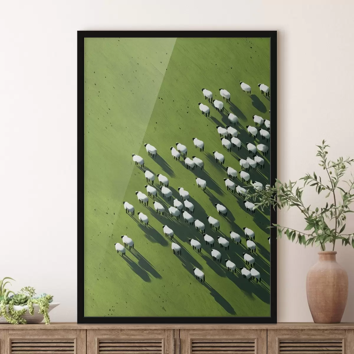 Plakatas Žalias laukas su avių banda, abstrakcija, vaizdas iš oro f44793