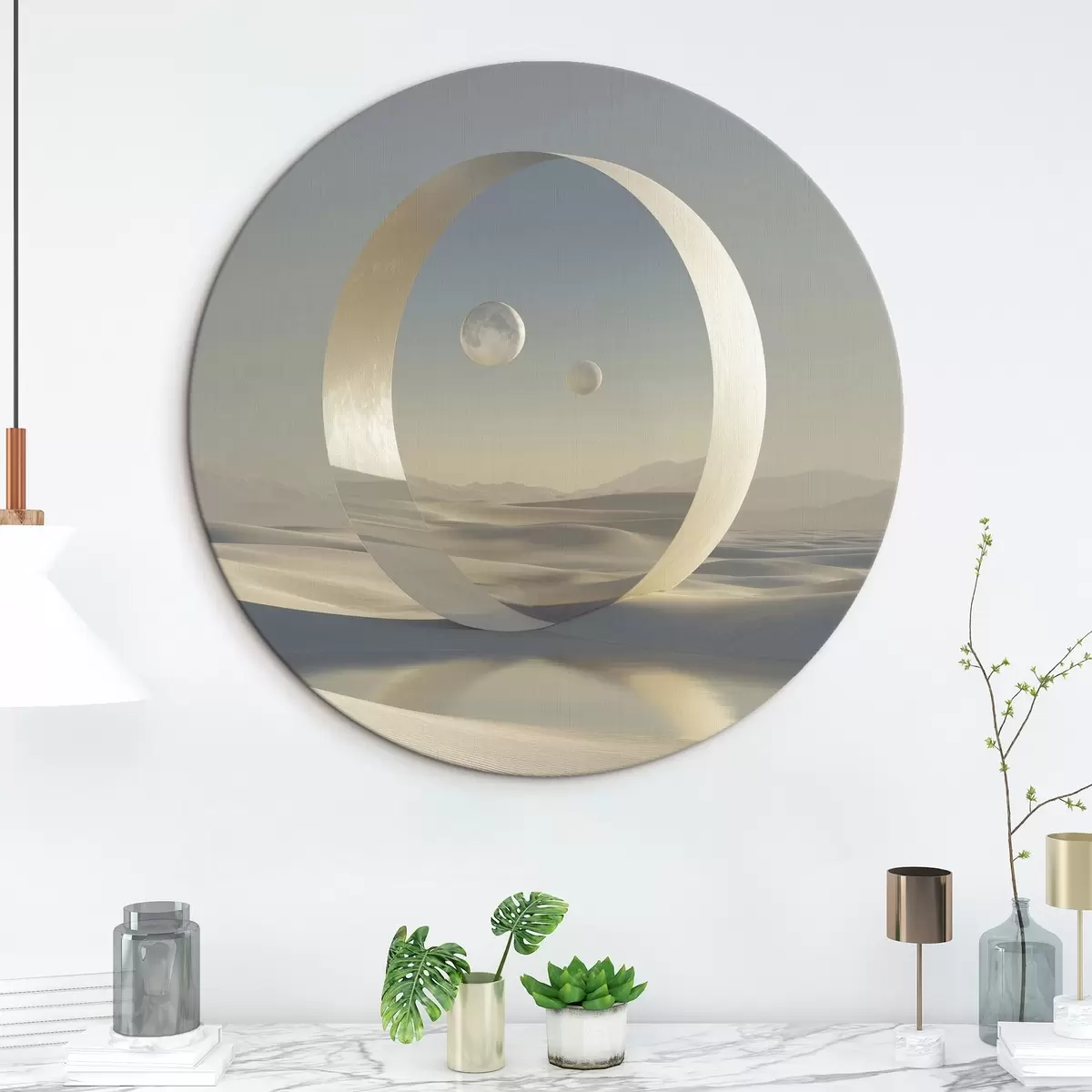 Apvalūs paveikslai Futuristinis kraštovaizdis su kopomis ir planetomis r44791
