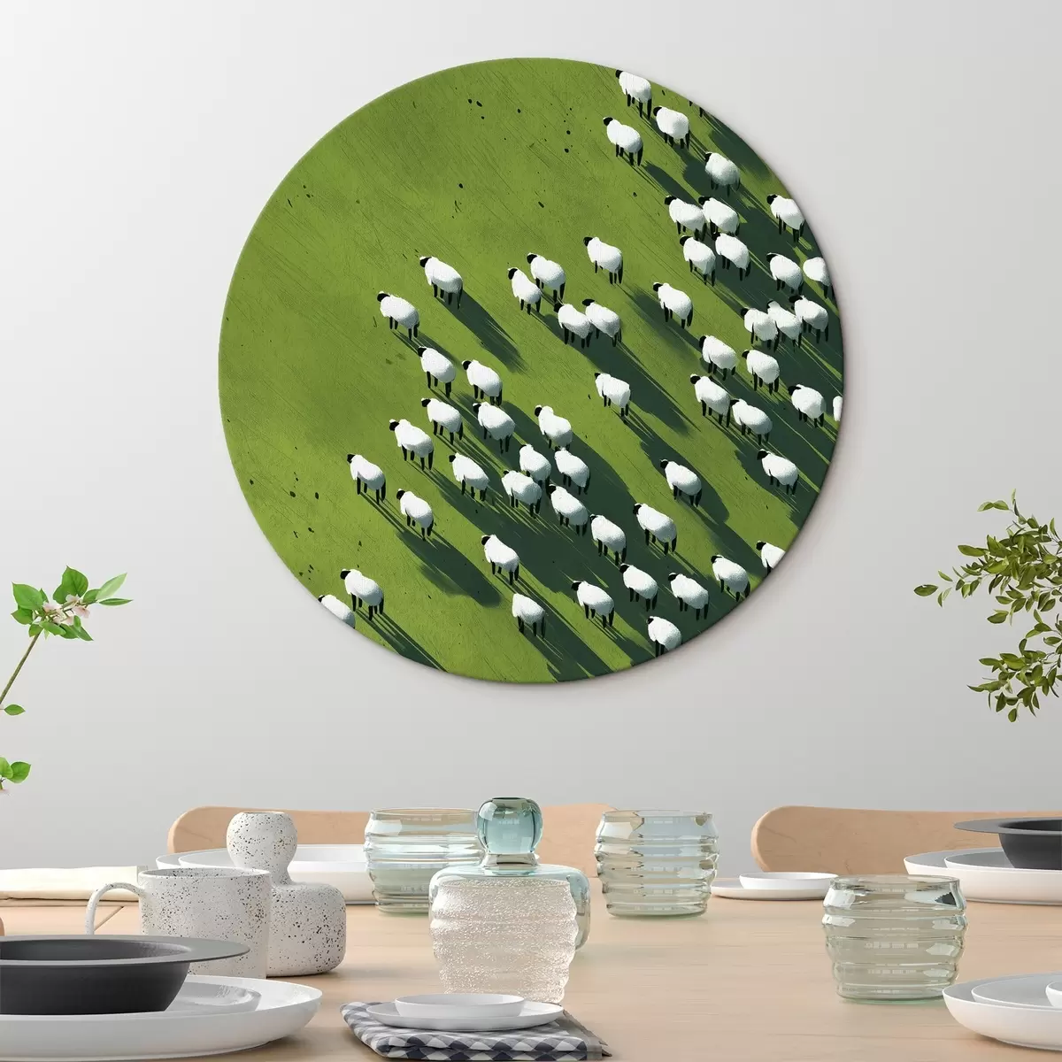 Apvalūs paveikslai Žalias laukas su avių banda, abstrakcija, vaizdas iš oro r44793