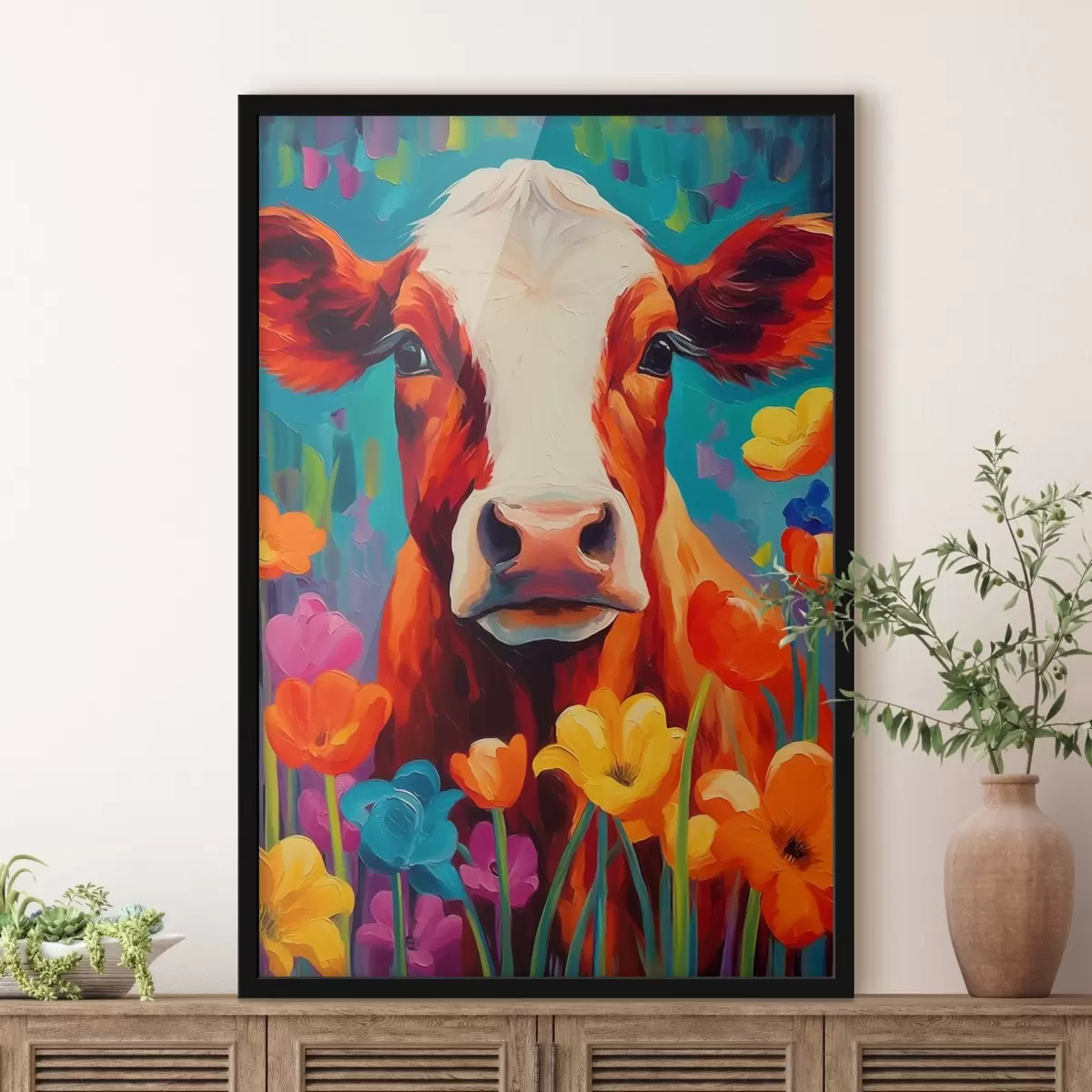 Plakatas Karvė tarp gėlių f44803