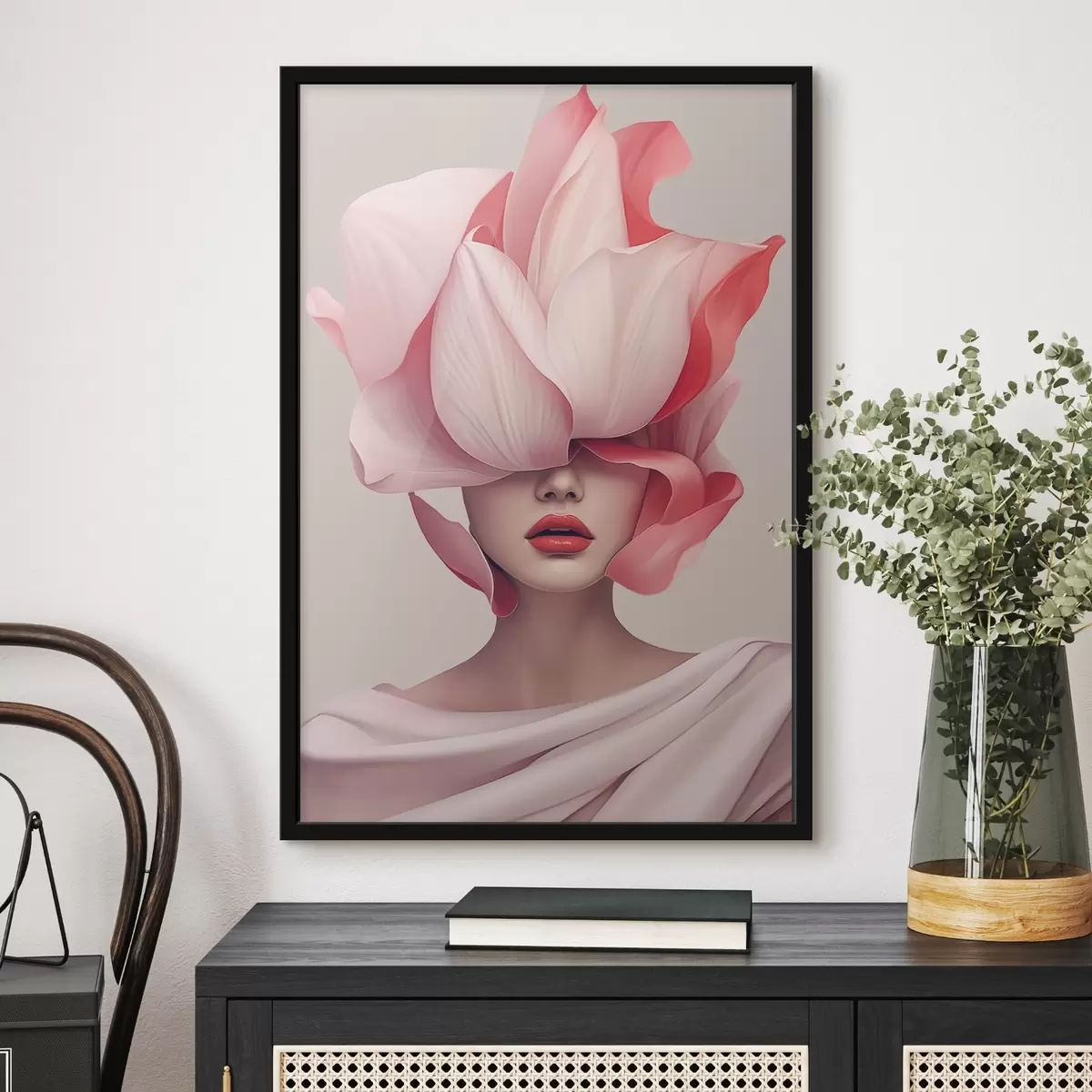 Plakatas Moters portretas su dideliais žiedlapiais f44812