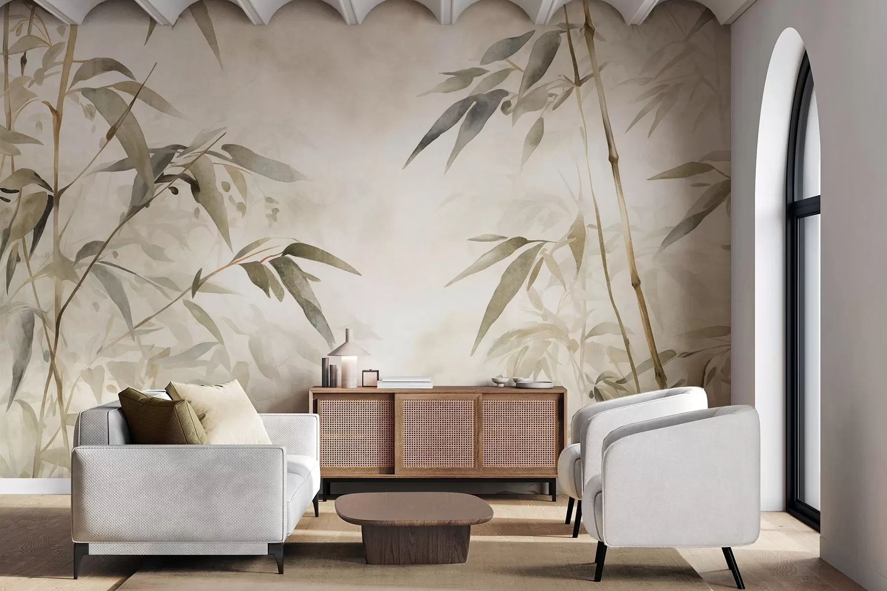 Fototapetai Akvarelės stiliaus bambuko šakos su lapais, minkšta neutrali spalvų paletė, šviesiai smėlio spalvos fonas w09204
