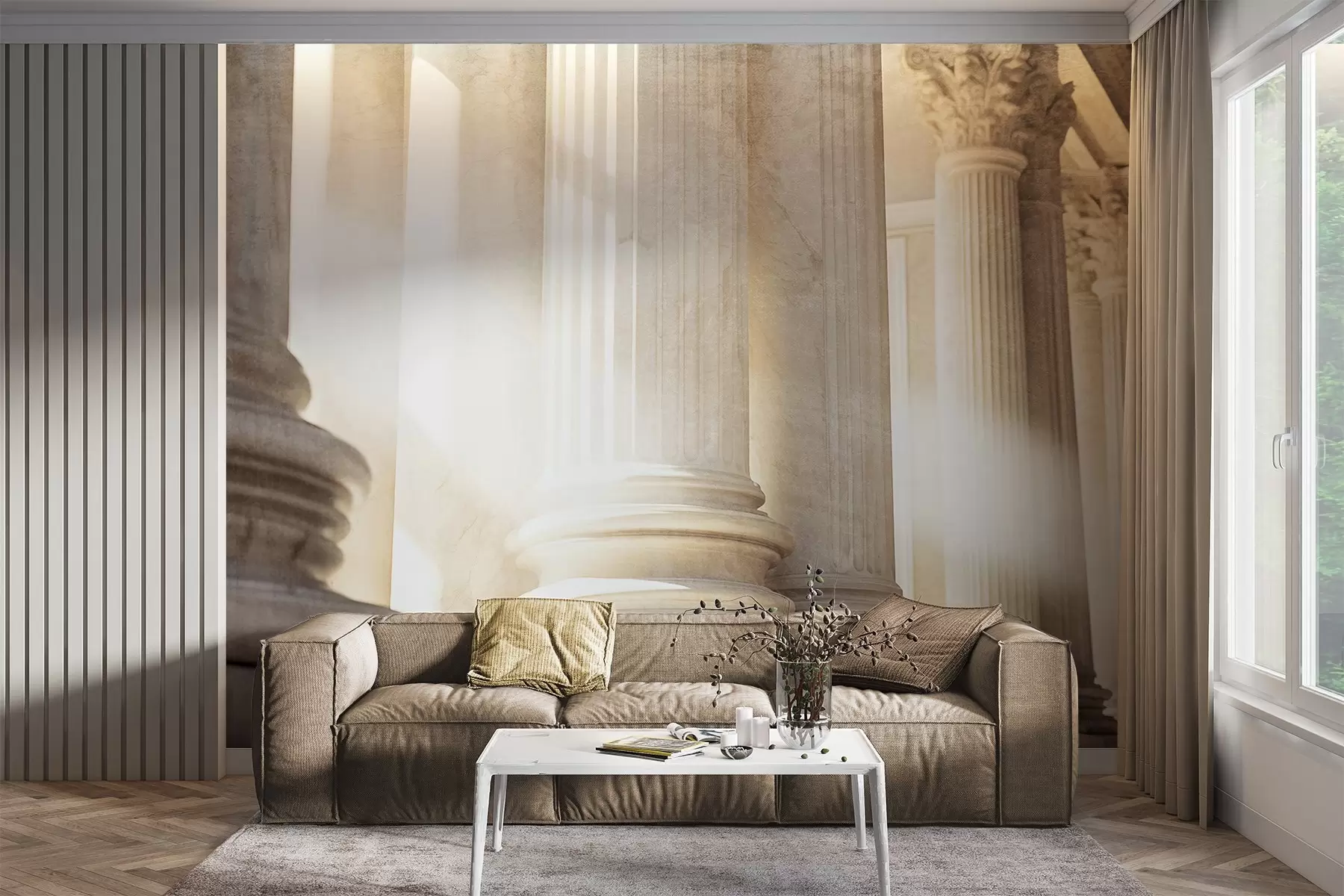 Fototapetai Kolonos, klasikinė architektūra, elegantiškas dizainas, tekstūruota simetriška kompozicija, neutrali spalvų paletė w09209