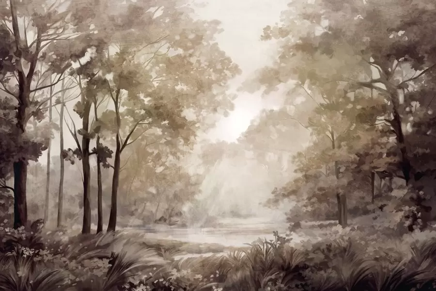 Fototapetai Tekstūruotas miško kraštovaizdis, medžiai su smėlio ir rudais lapais, pastelinių spalvų paletė w09210