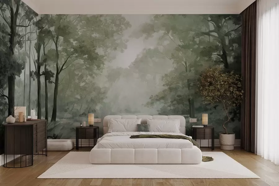 Fototapetai Tekstūruotas miško kraštovaizdis, medžiai su žaliais lapais, pastelinių spalvų paletė w09210v2