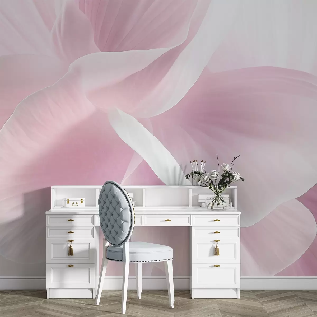 Fototapetai Abstrakti tekstūruota gėlė su švelniais žiedlapiais, švelnus apšvietimas, elegantiška kompozicija, minimalistinė estetika w09211v1