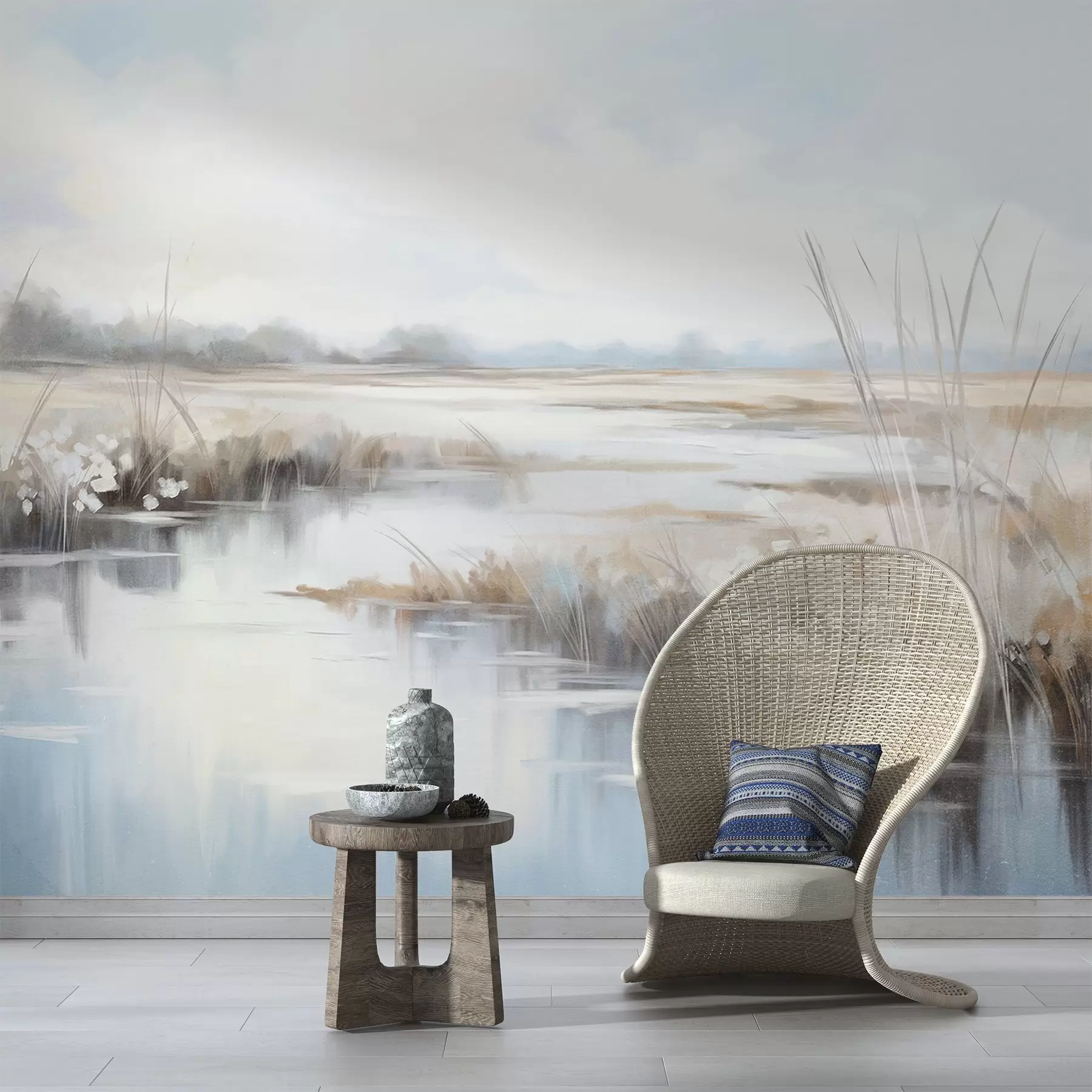 Fototapetai Tekstūrinis ramus kraštovaizdis su aukšta žole ir ramiu vandeniu, švelnios pastelinės spalvos, tolimi medžiai horizonte w09213