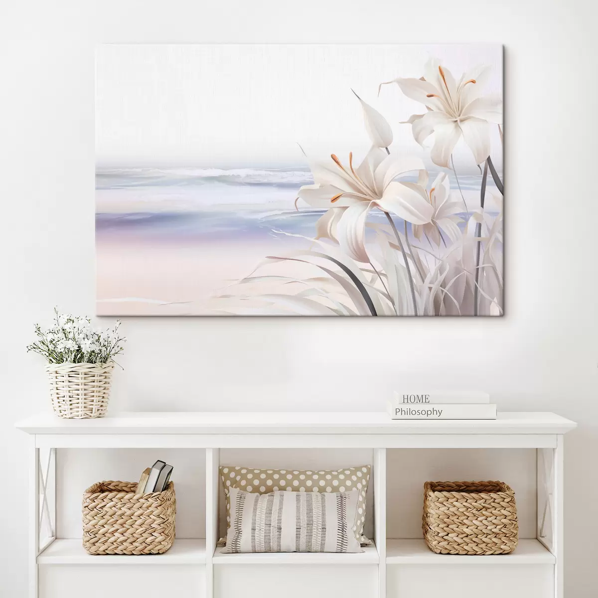 Paveikslėlis Baltos lelijos su oranžiniais piesteliais ir ilgais lapais paplūdimyje su švelniomis bangomis fone, pastelinės spalvos s44850