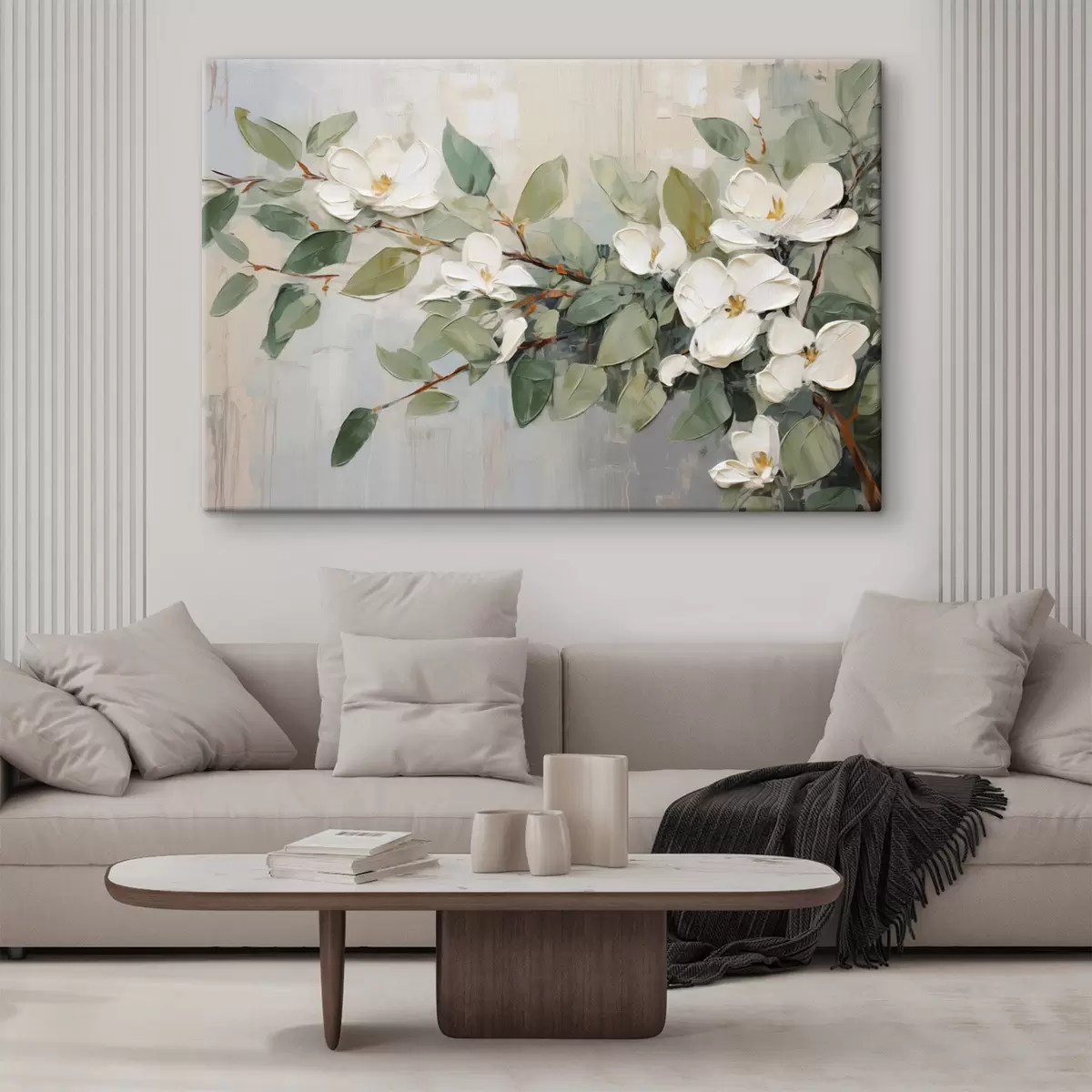 Paveikslėlis Magnolijos gėlės su žaliais lapais ant šakos, impasto tekstūros stilius, švelni spalvų paletė s44853