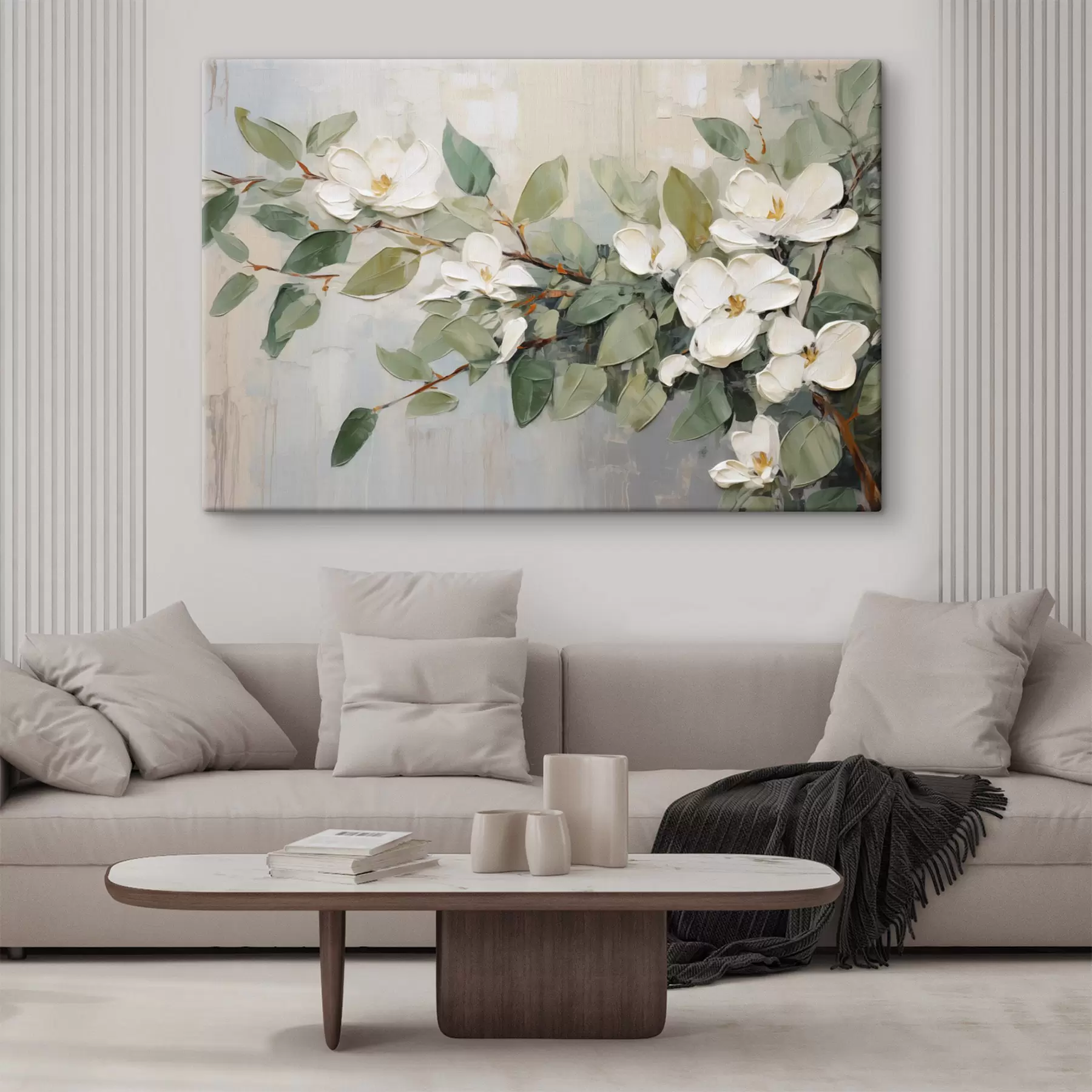 Paveikslėlis Magnolijos gėlės su žaliais lapais ant šakos, impasto tekstūros stilius, švelni spalvų paletė s44853