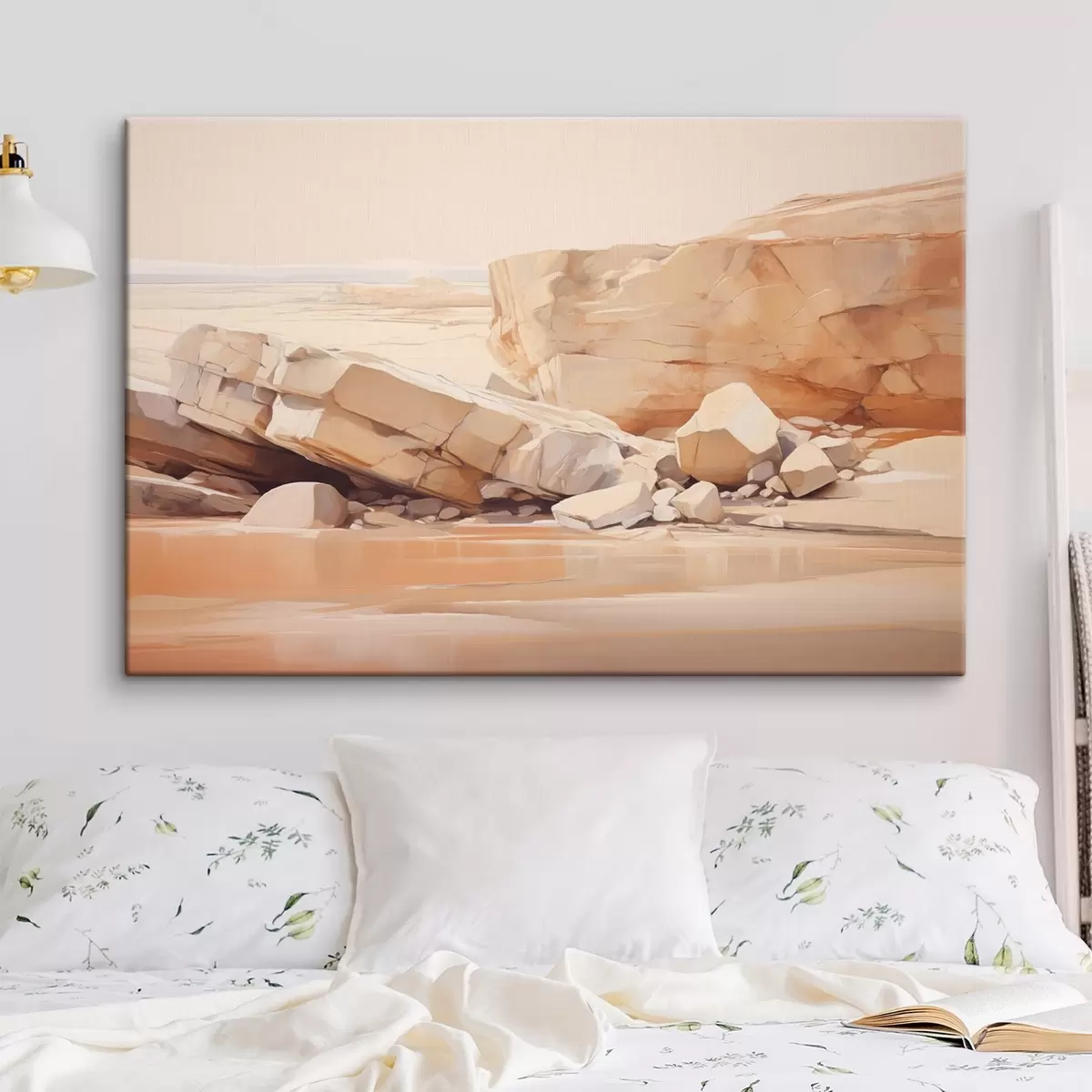 Paveikslėlis Minimalistinis uolėtas paplūdimio kraštovaizdis su dideliais šviesiai rudais rieduliais ir skaidriu vandeniu s44865