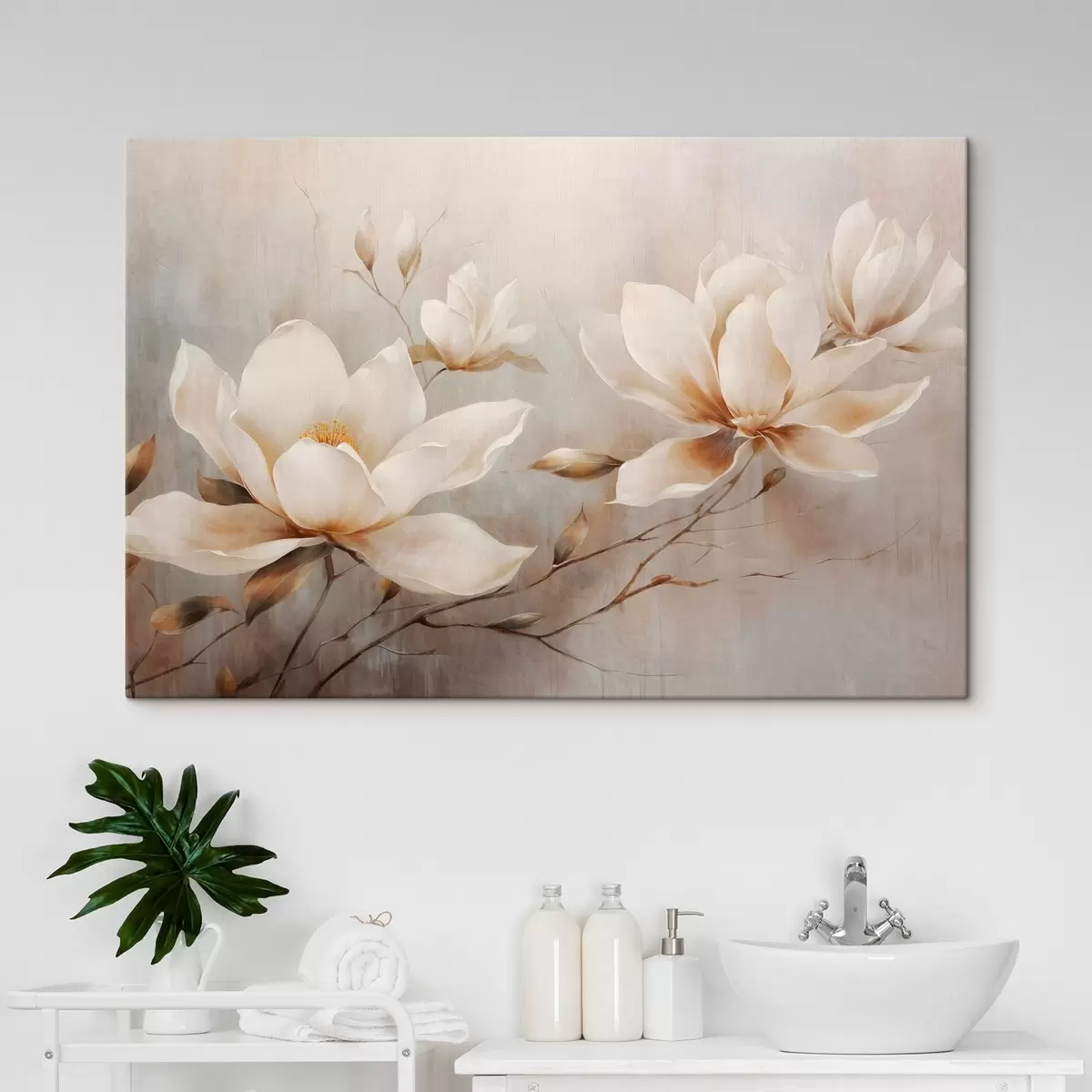 Paveikslėlis Tekstūruotos senovinės baltos magnolijos gėlės ant šakų šviesiai rudame fone s44869