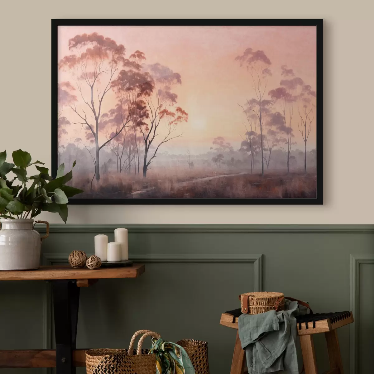 Plakatas Lauko su aukšta žole ir medžiais peizažas, fone šviečia saulė f44854