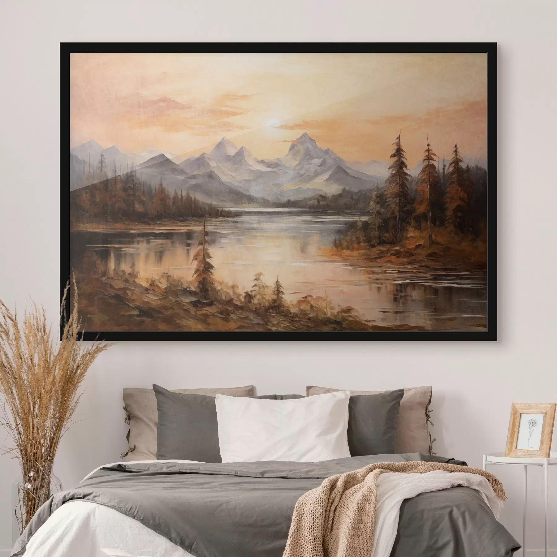 Fototapetai Kraštovaizdis su ežeru, apsuptu medžių ir kalnų fone, oranžinis dangus su saule f44857