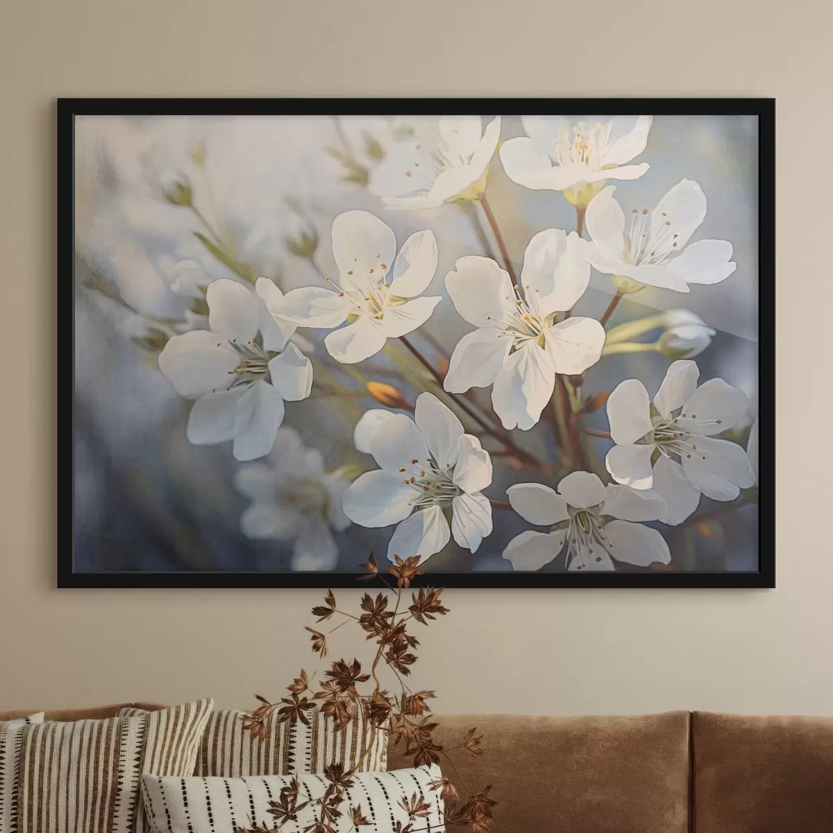 Plakatas Akvarelės stiliaus balti tekstūruoti vyšnių žiedai, subtilūs žiedlapiai, pavasario sezonas f44859