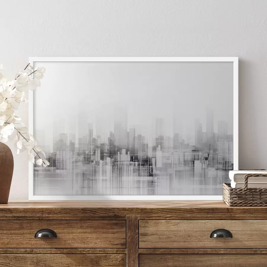 Fototapetai Tekstūrinis minimalistinis miesto peizažas su aukštais pastatais ir dangoraižiais, kurių siluetai išryškėja balto dangaus fone f44863