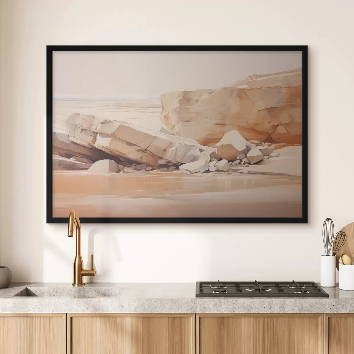 Plakatas Minimalistinis uolėtas paplūdimio kraštovaizdis su dideliais šviesiai rudais rieduliais ir skaidriu vandeniu f44865