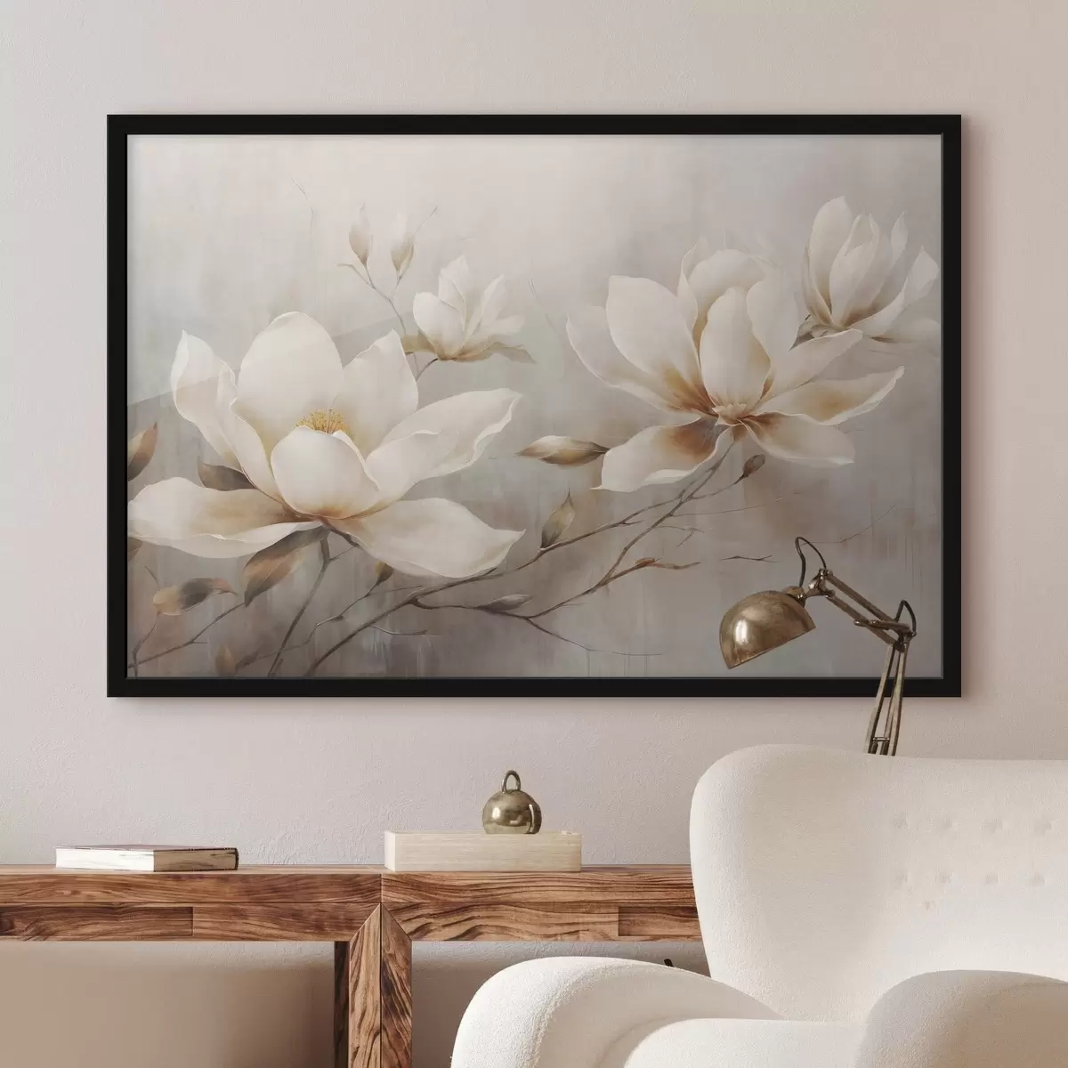Plakatas Tekstūruotos senovinės baltos magnolijos gėlės ant šakų šviesiai rudame fone f44869